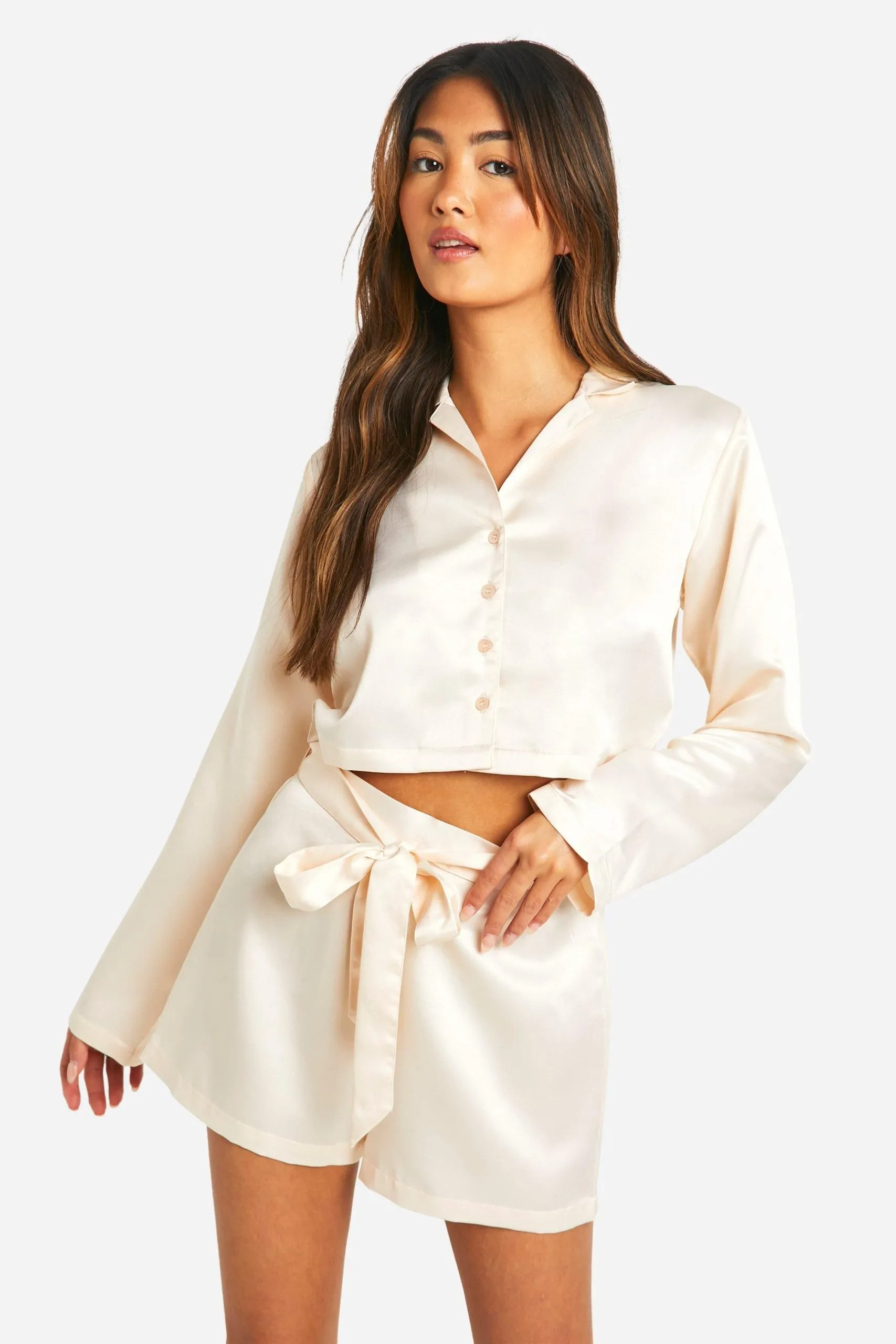 Bridal Satin Tie Detail Long Sleeved Cropped Shirt & Shorts Pyjama Set