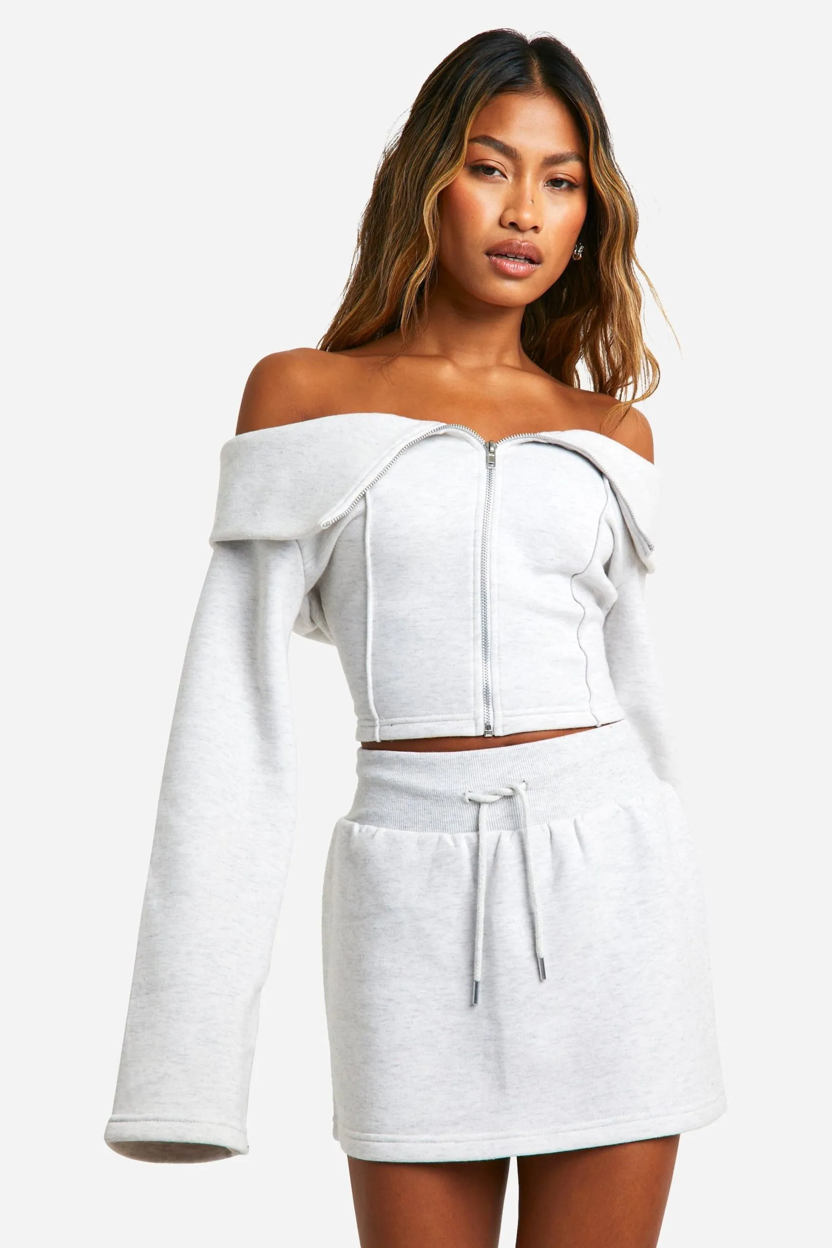 Bardot Off The Shoulder Zip Through Sweatshirt And Skirt Set