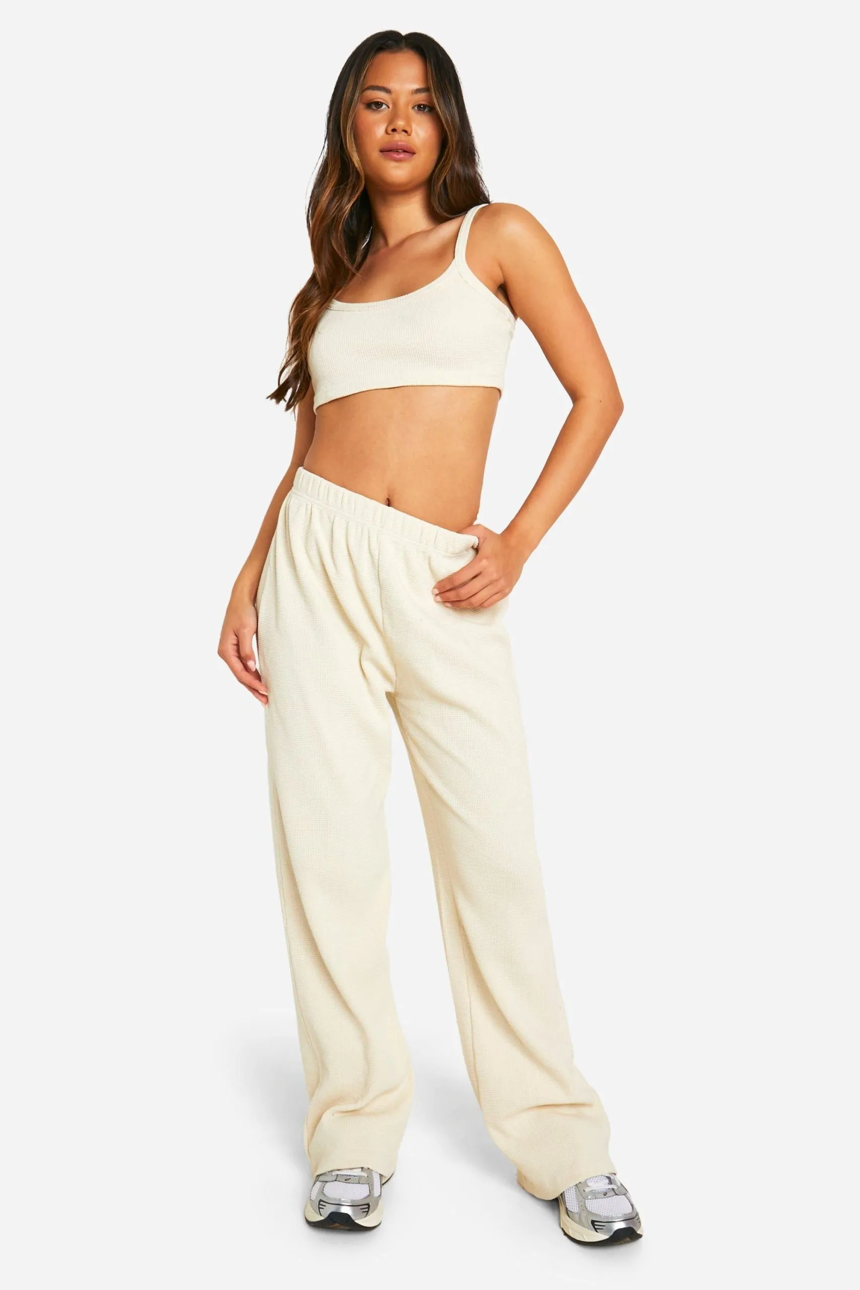 Waffle Scoop Neck Crop Top And Straight Leg Trouser Set