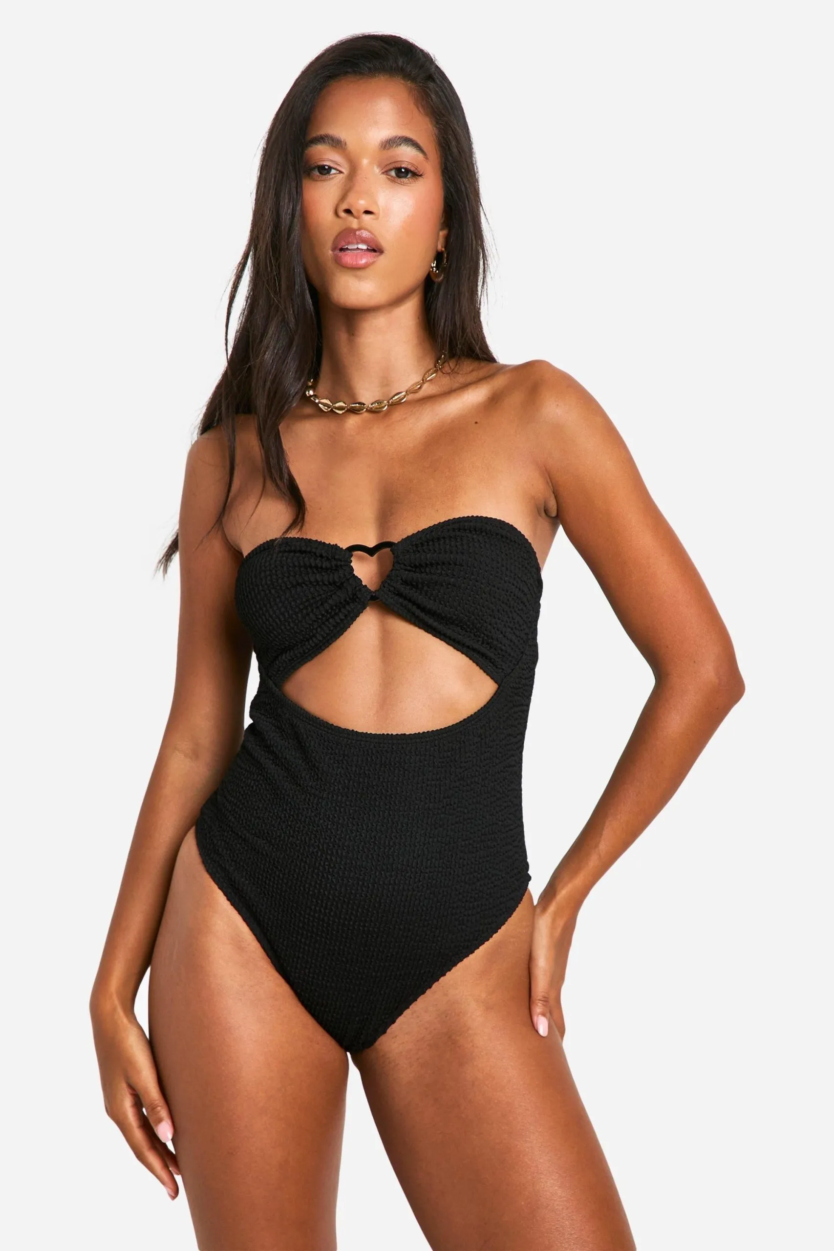 Heart Trim Crinkle Bandeau Cut Out Swimsuit