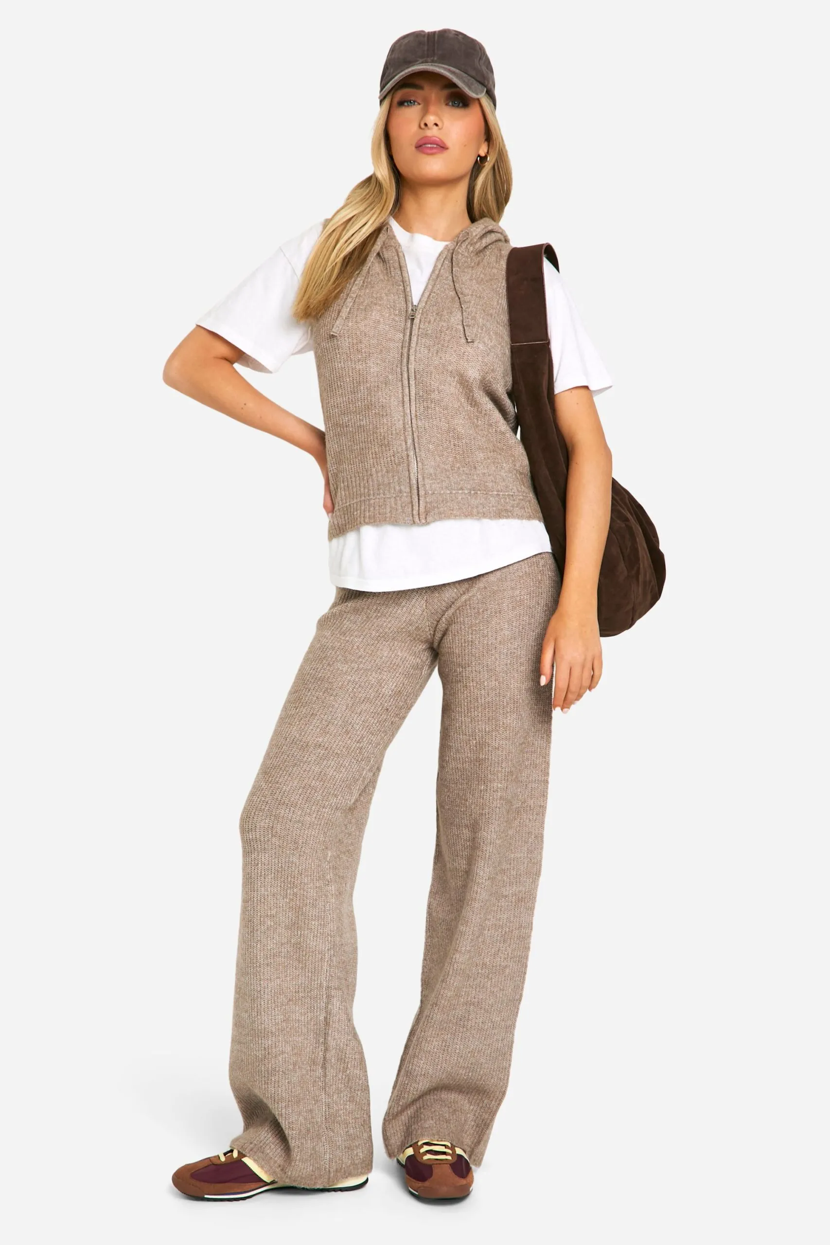 Soft Knit Sleeveless Hoody And Wide Leg Trouser Tracksuit