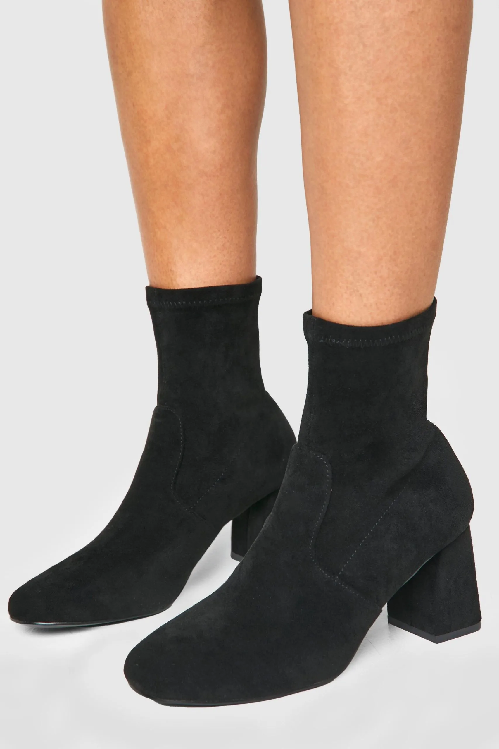 Wide Fit Faux Suede Square Toe Block Heeled Boots
