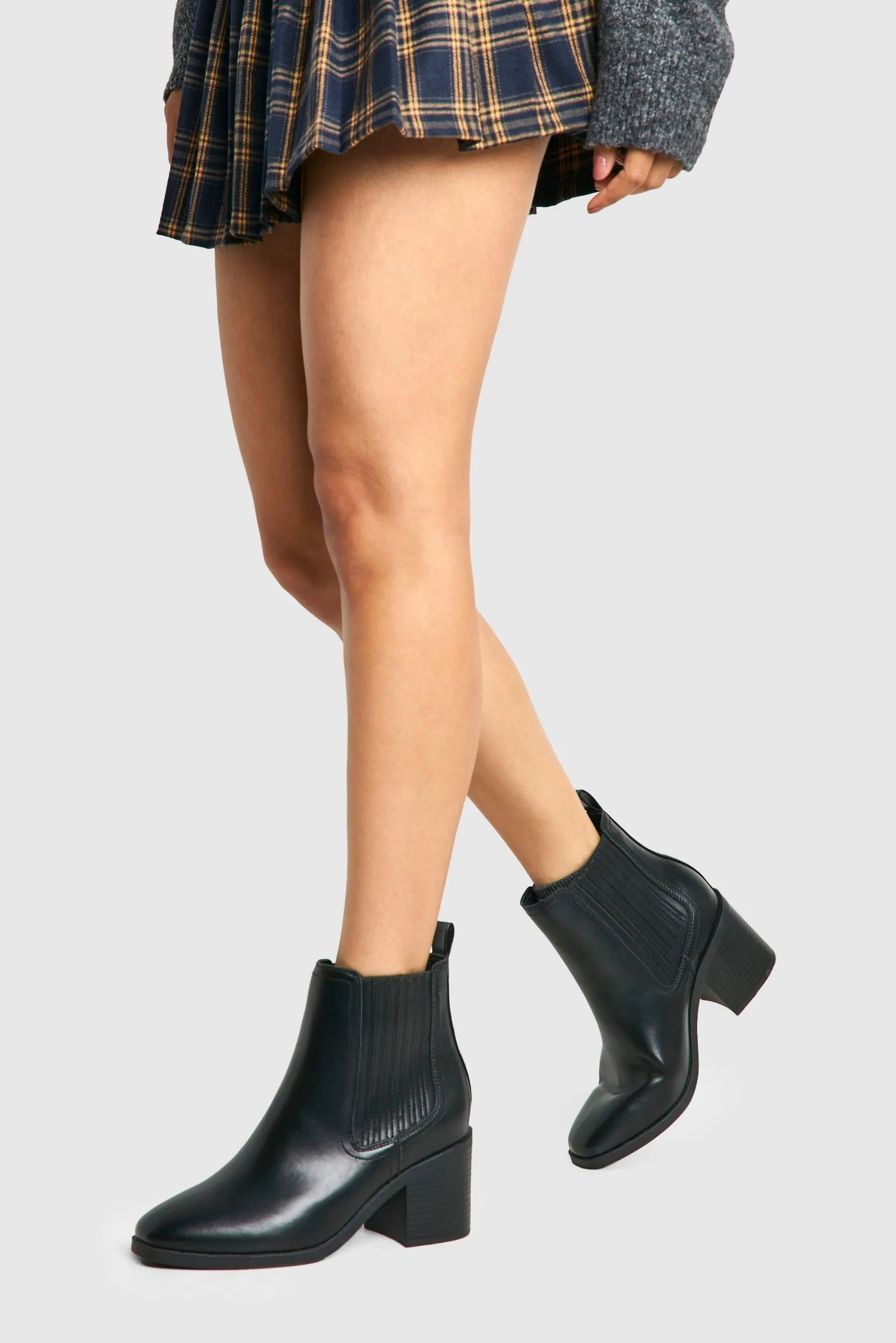 Wide Fit Elastic Panel Low Block Heeled Ankle Boots
