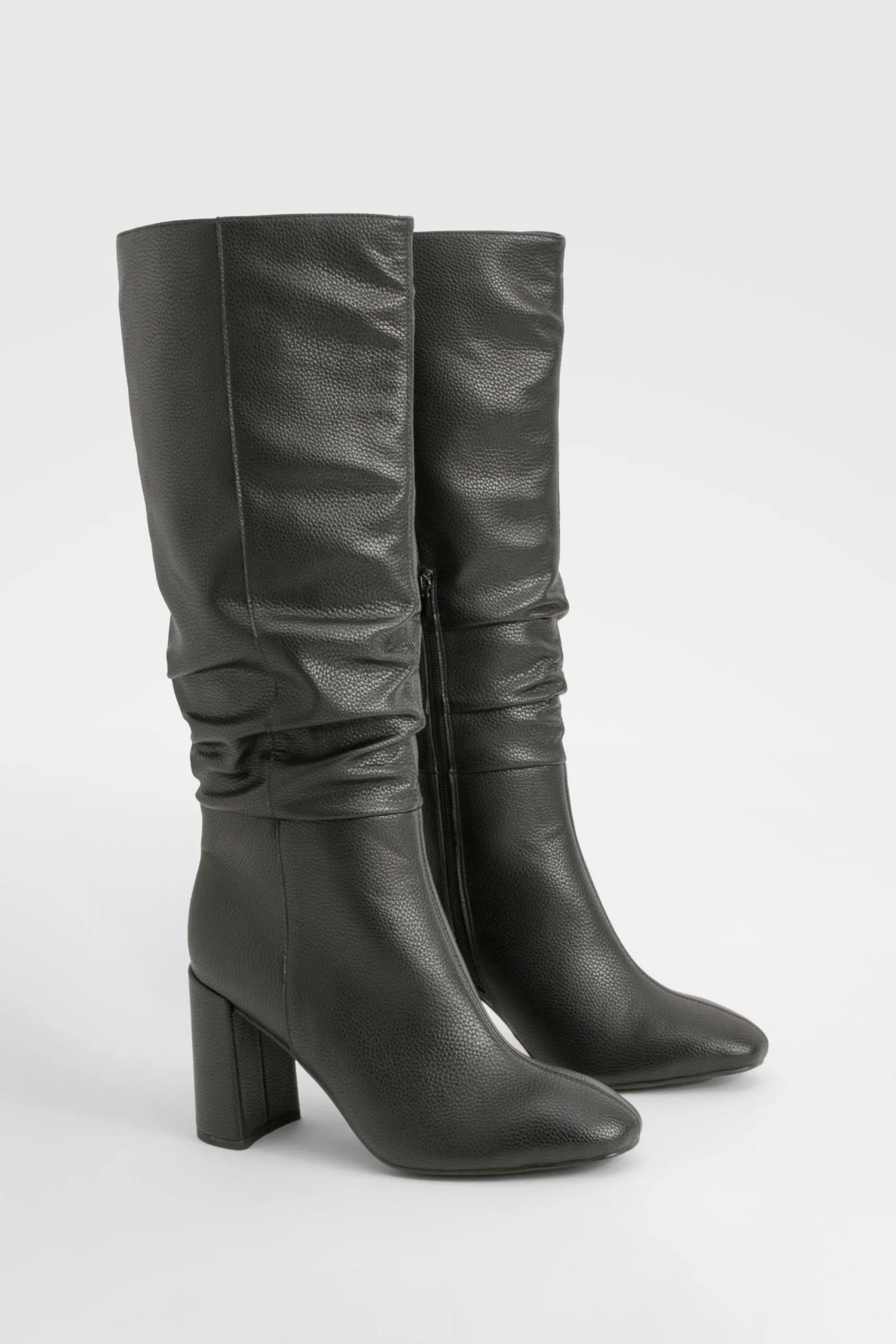 Wide Fit Textured Ruched Heeled Knee High Boots