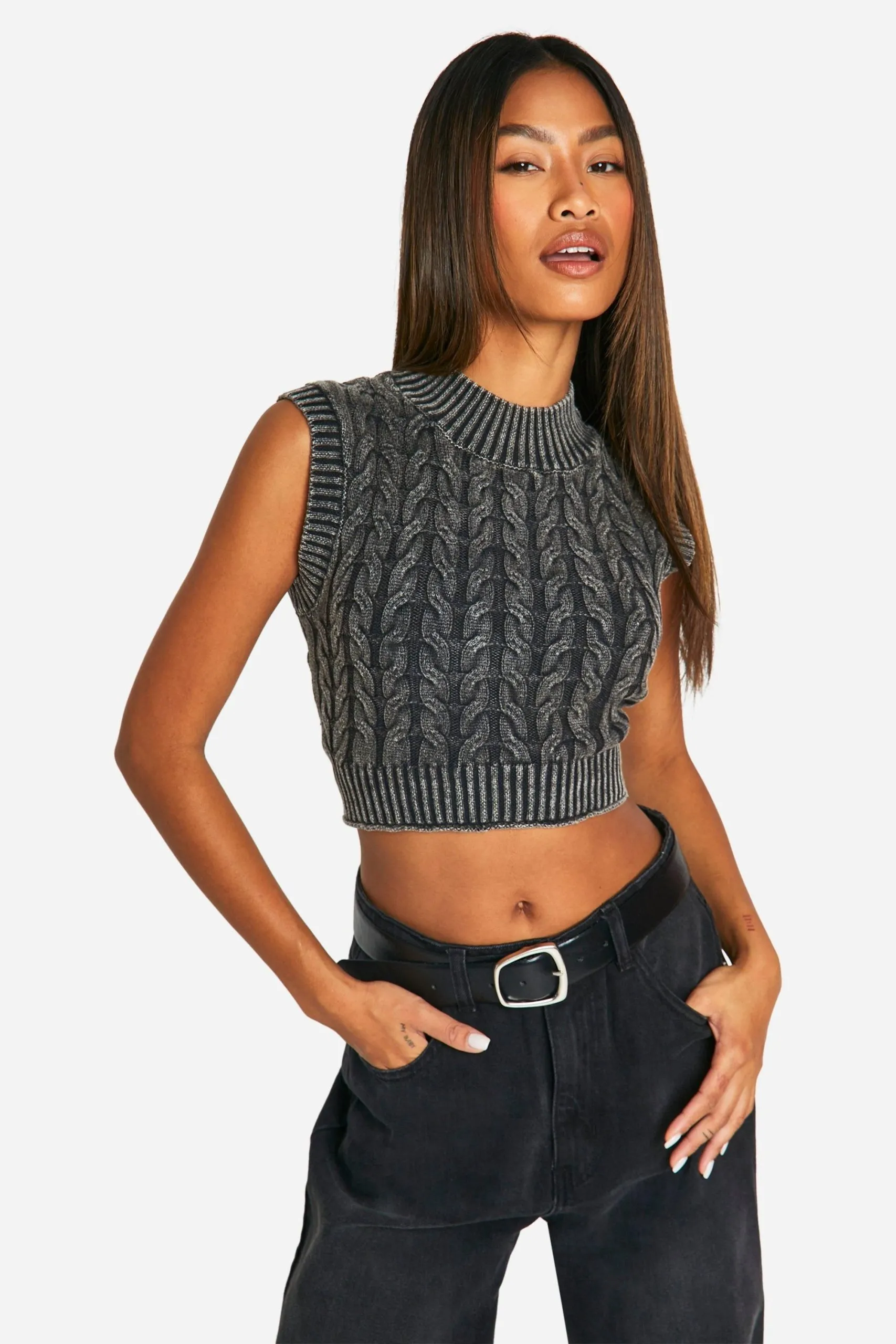 Acid Wash Cable Knit Tank