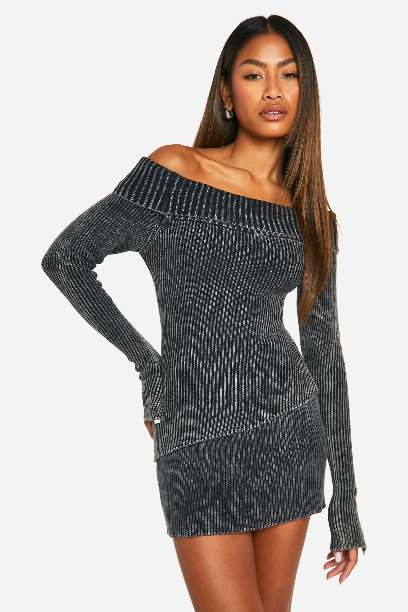 Acid Wash Bardot Asymmetric Hemline Rib Knit Jumper