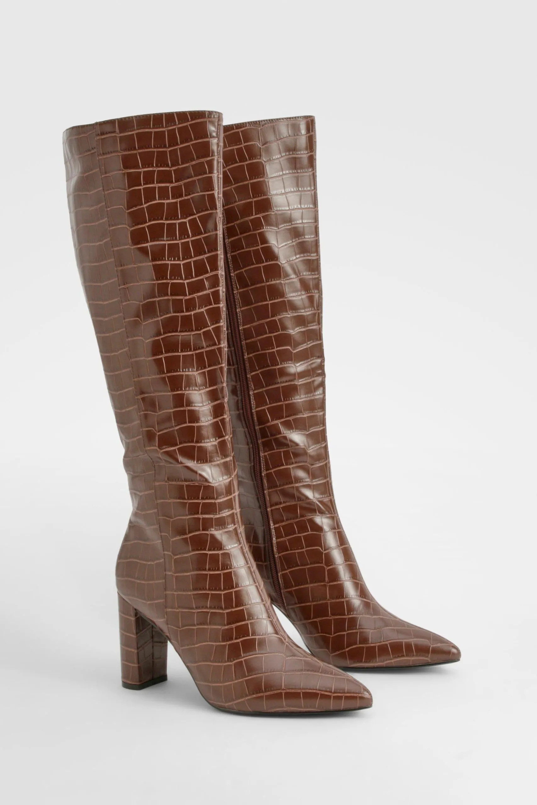 Pointed Toe Croc Knee High Boots