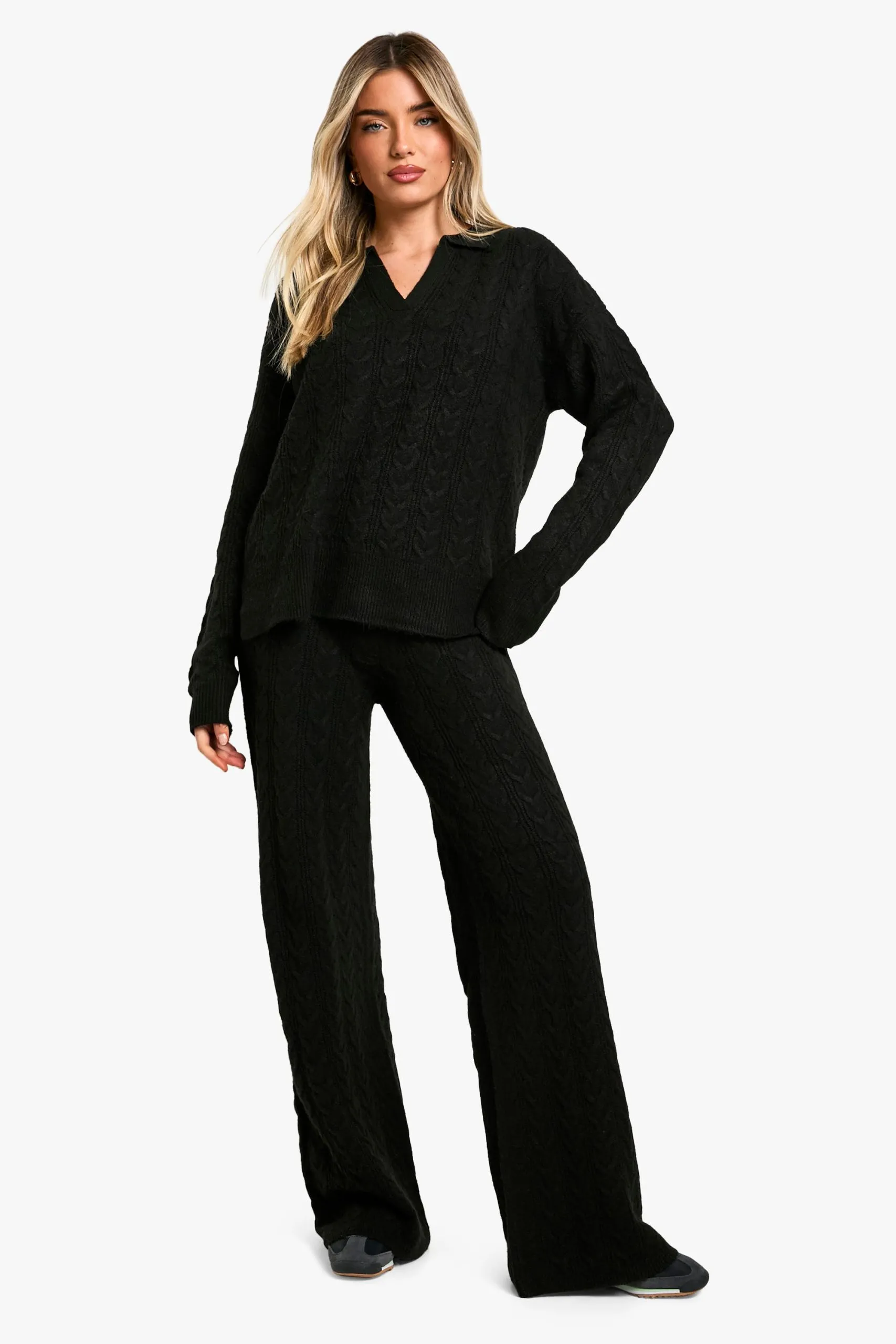 Soft Cable Knit Polo Collar Jumper And Wide Leg Trouser Co-ord