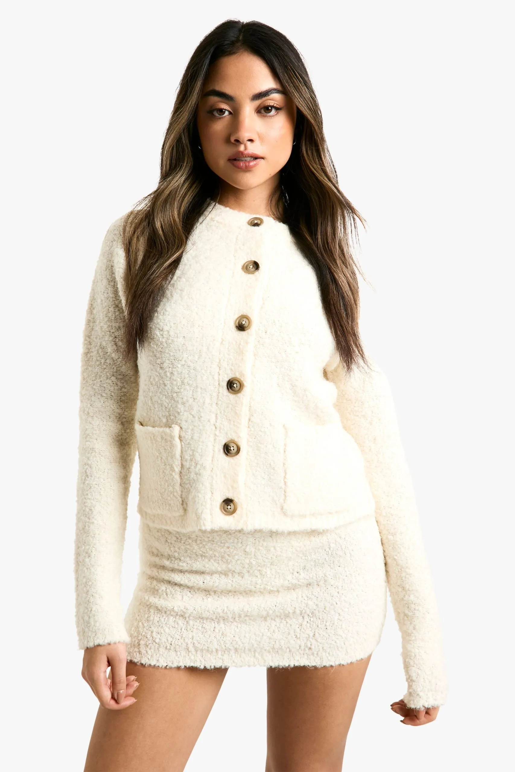 Borg Knitted Pocket Detail Crop Cardigan And Low Rise Micro Mini Skirt Sett