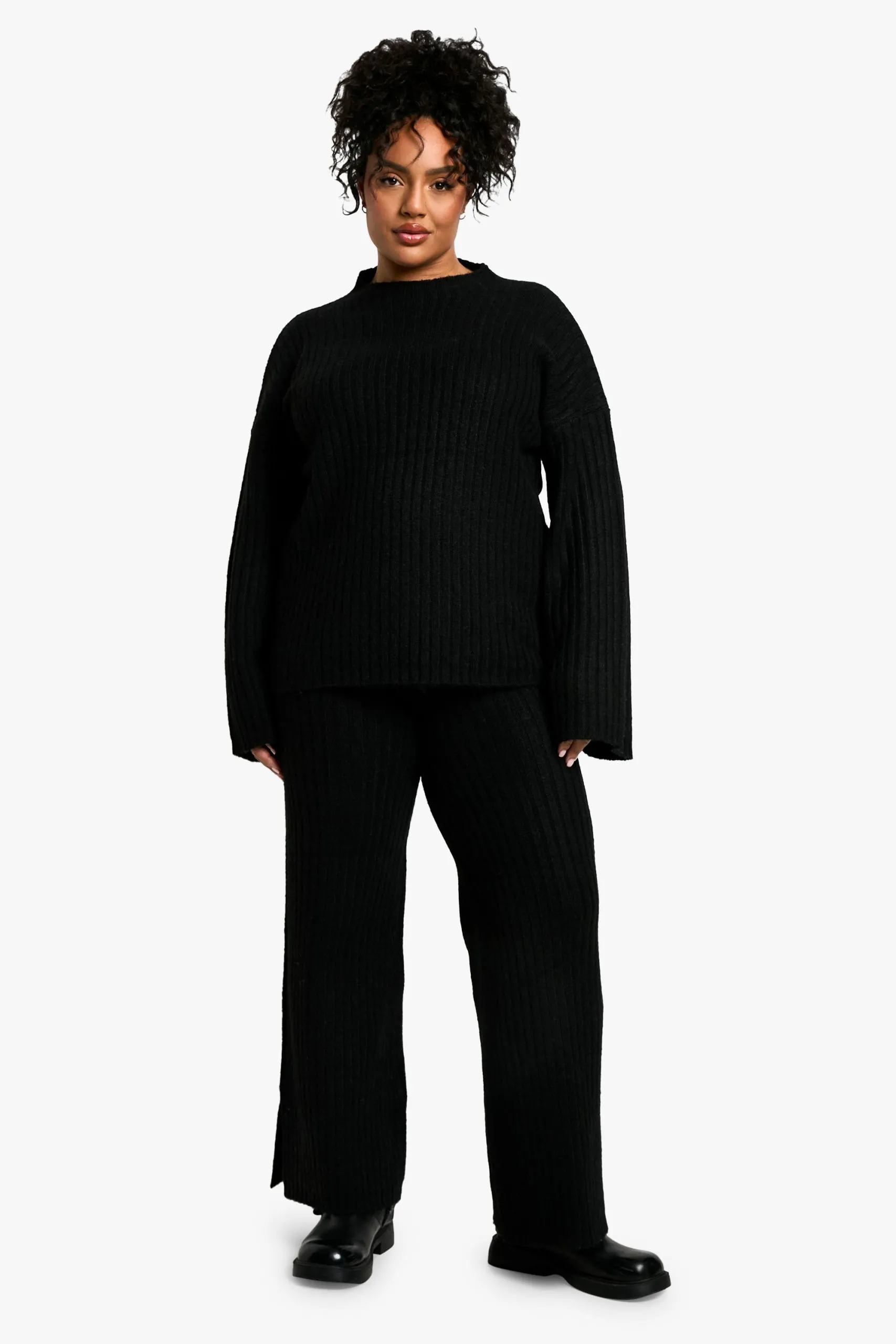 Plus Soft Knit Thick Rib Crew Neck Oversized Jumper And Knitted Trouser Set