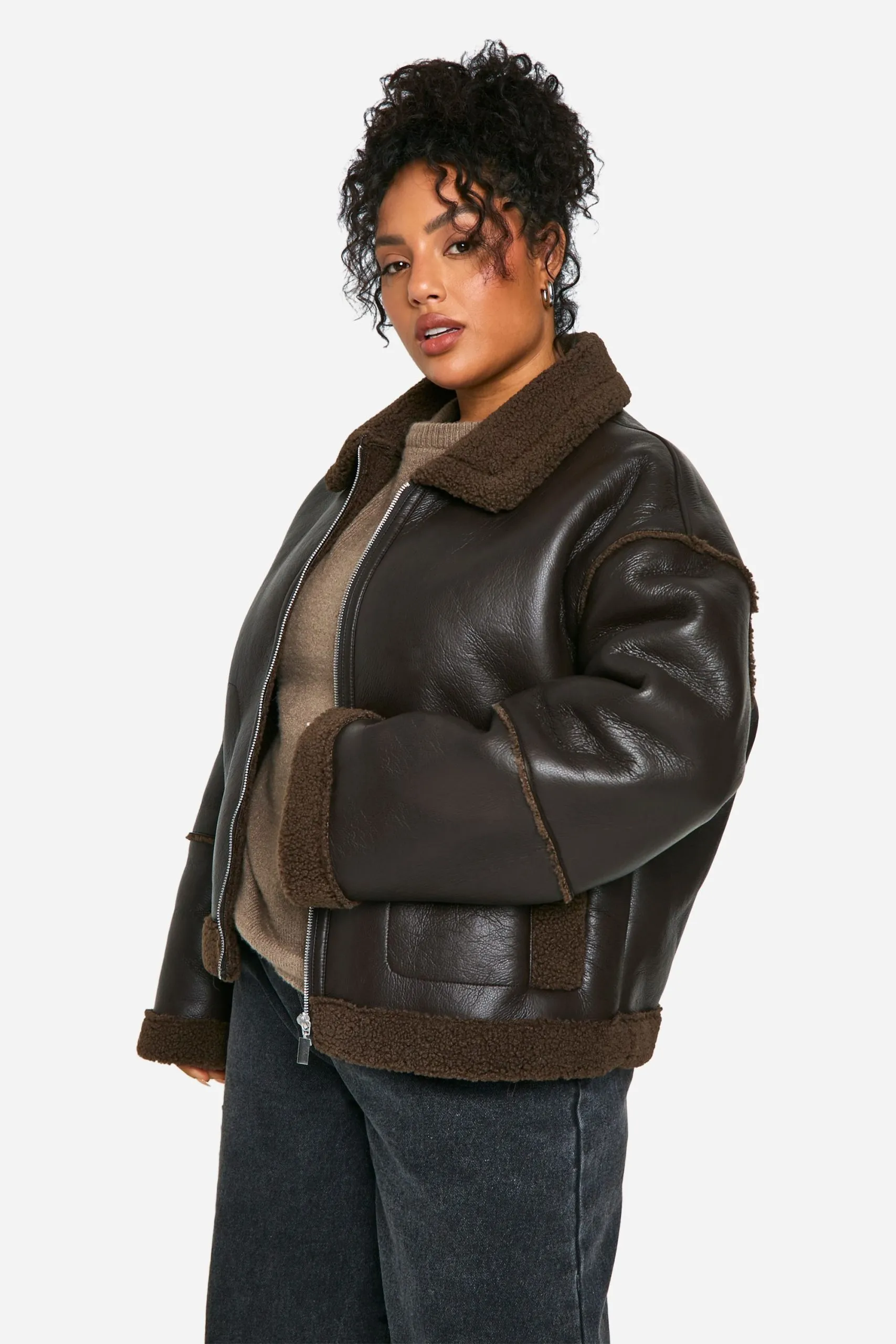 Plus Teddy Trim Faux Leather Jacket