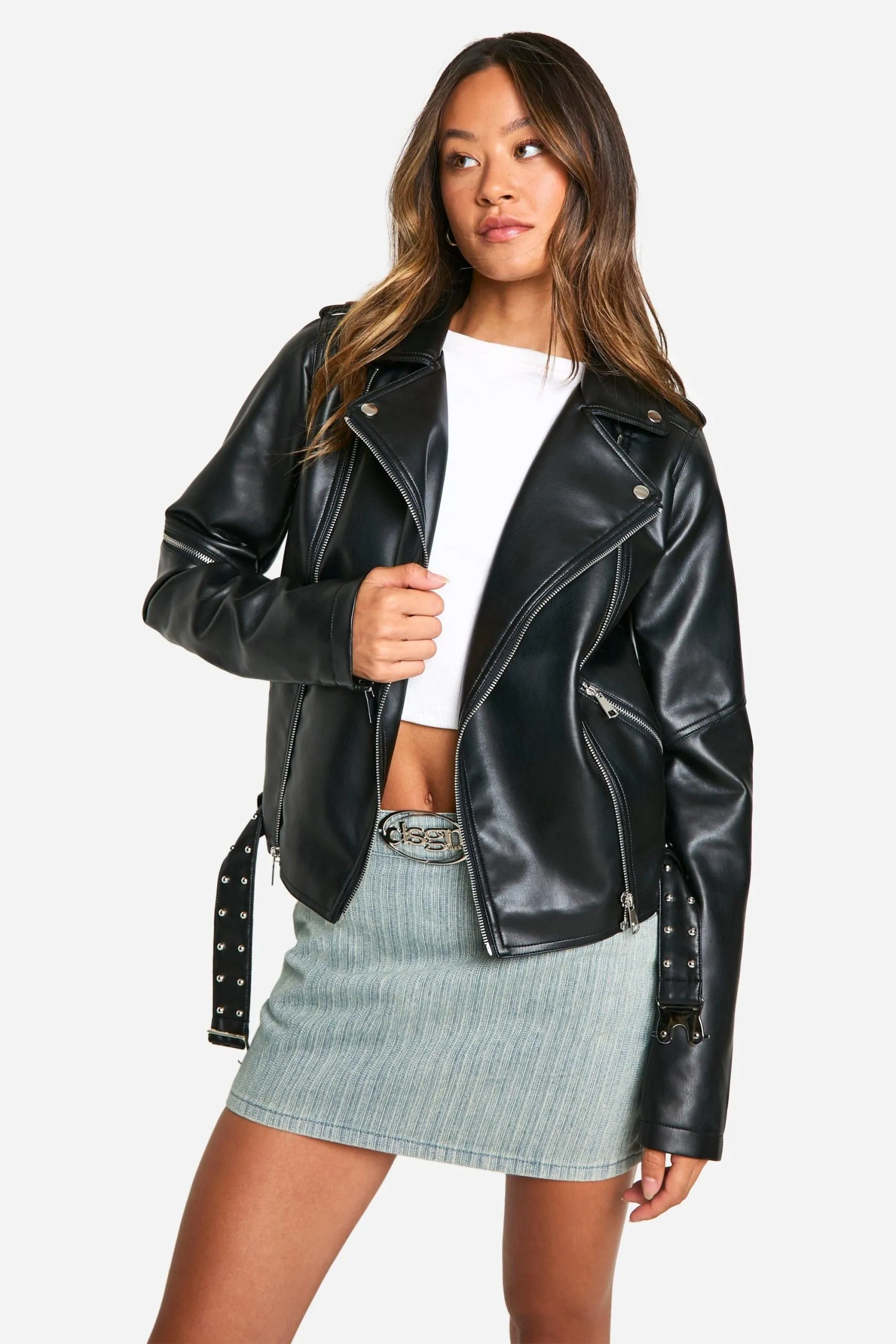 Tall Belt Detail Faux Leather Biker Jacket