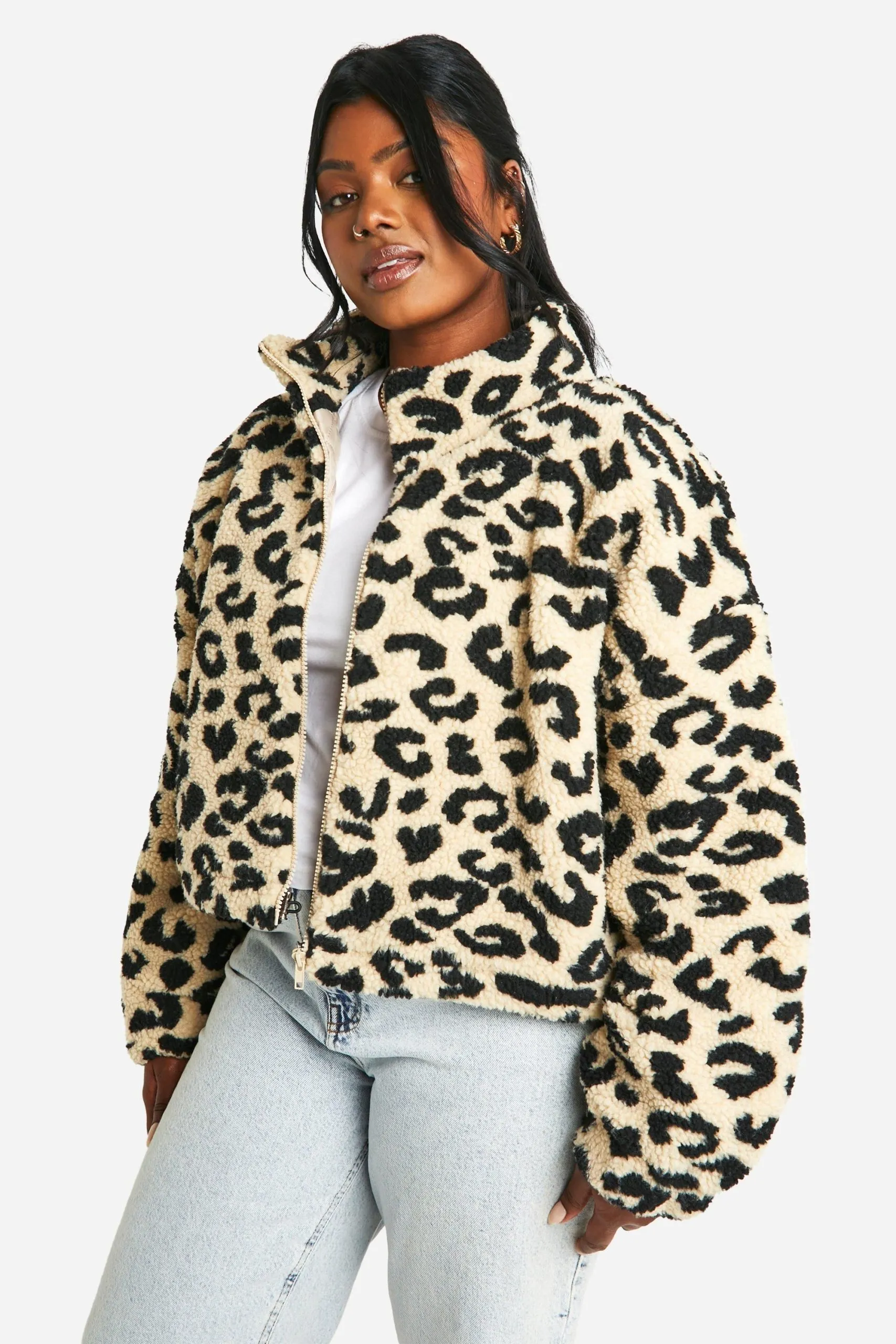 Plus Leopard Boxy Teddy Bomber Jacket