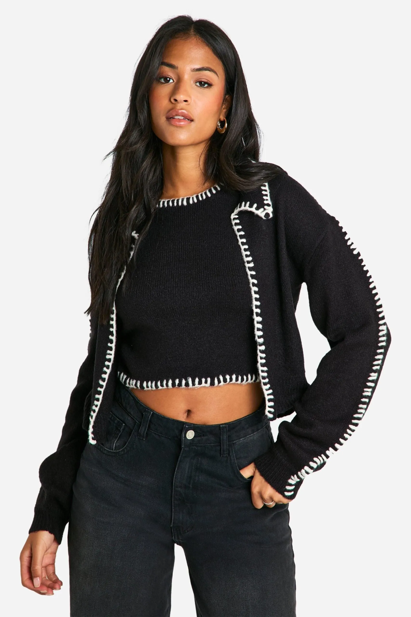 Tall Contrast Trim Knitted Crop Top And Cardigan Co-ord
