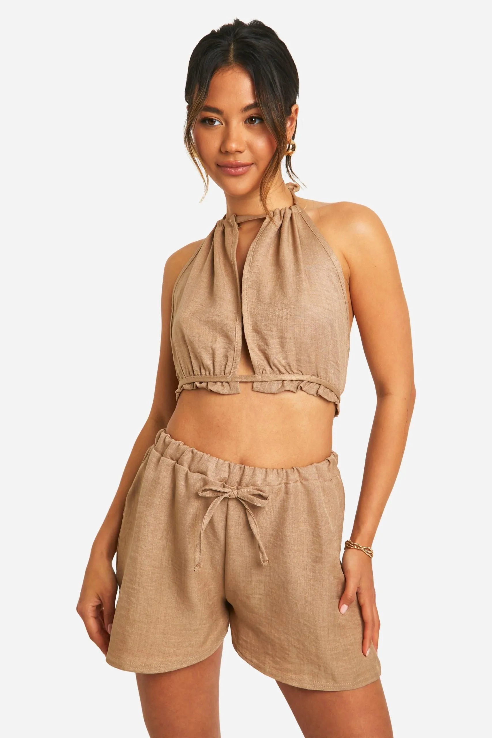 Linen Look Open Back Top & Flippy Shorts