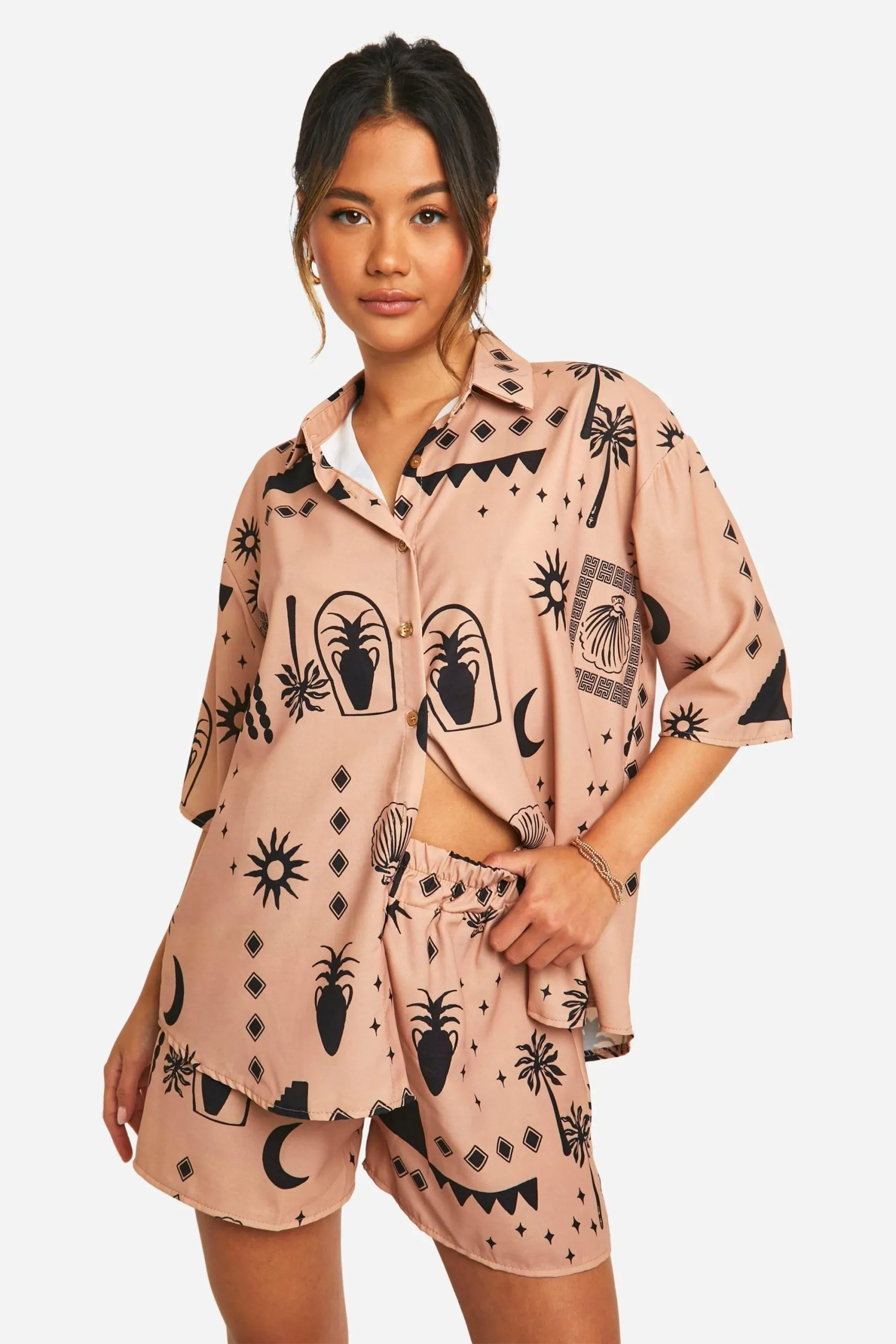 Hammered Tonal Boho Print Oversized Shirt & Shorts Set