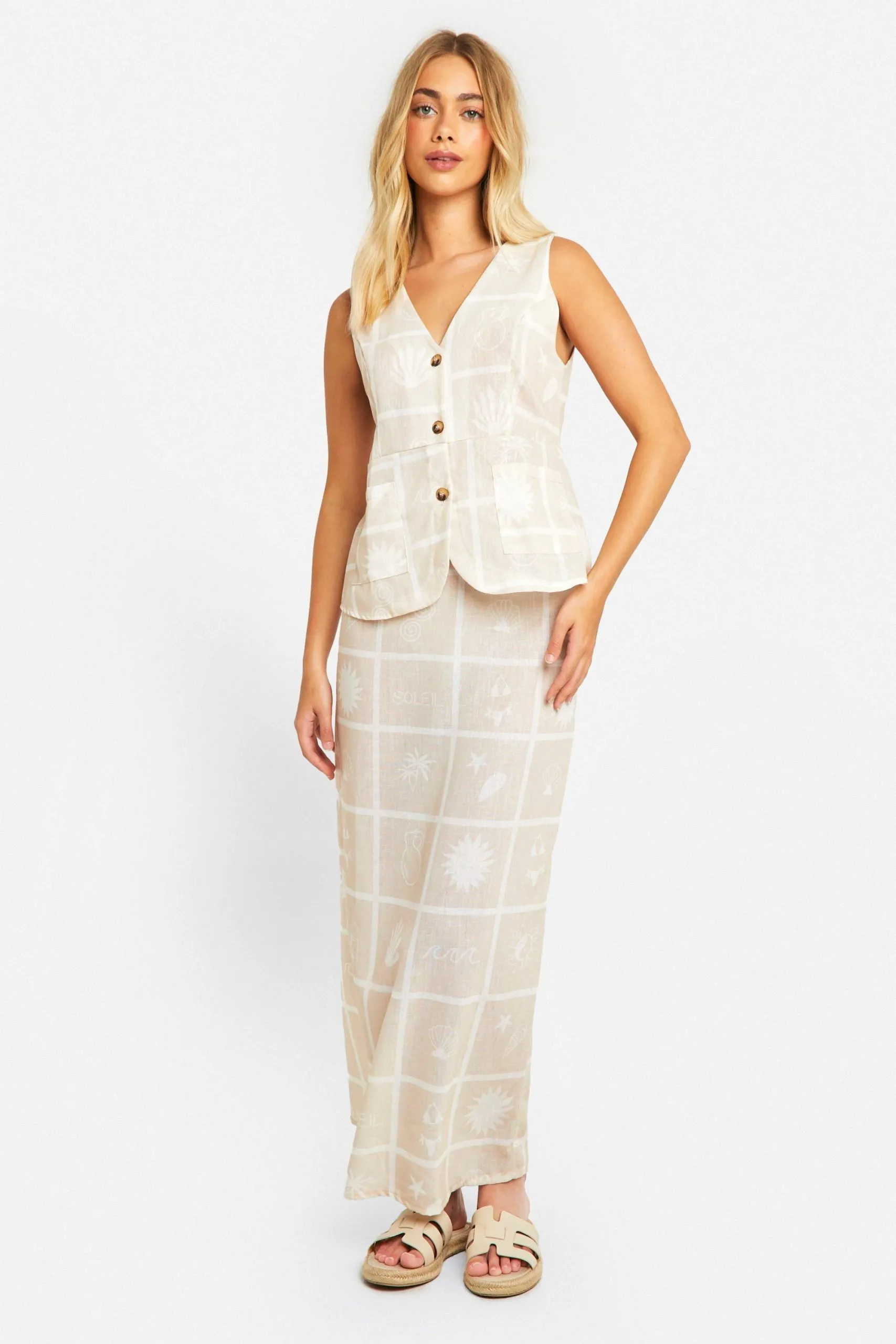 Linen Look Tile Print Waistcoat & Column Maxi Skirt