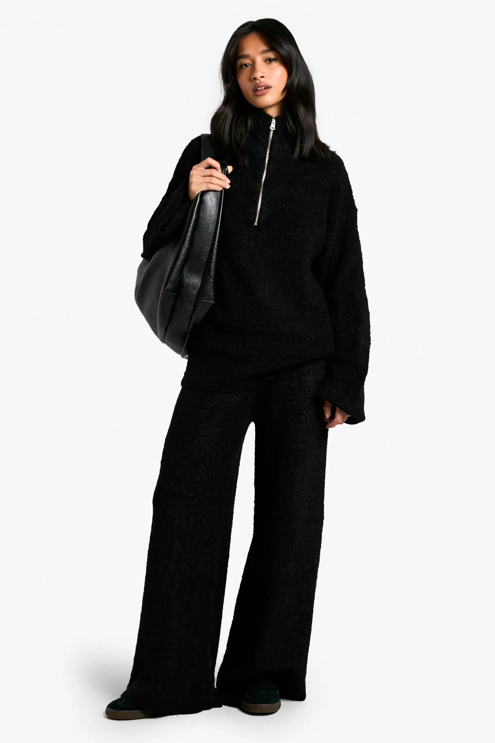 Petite Half Zip Oversized Jumper And Wide Leg Trouser Borg Knit Co-ord