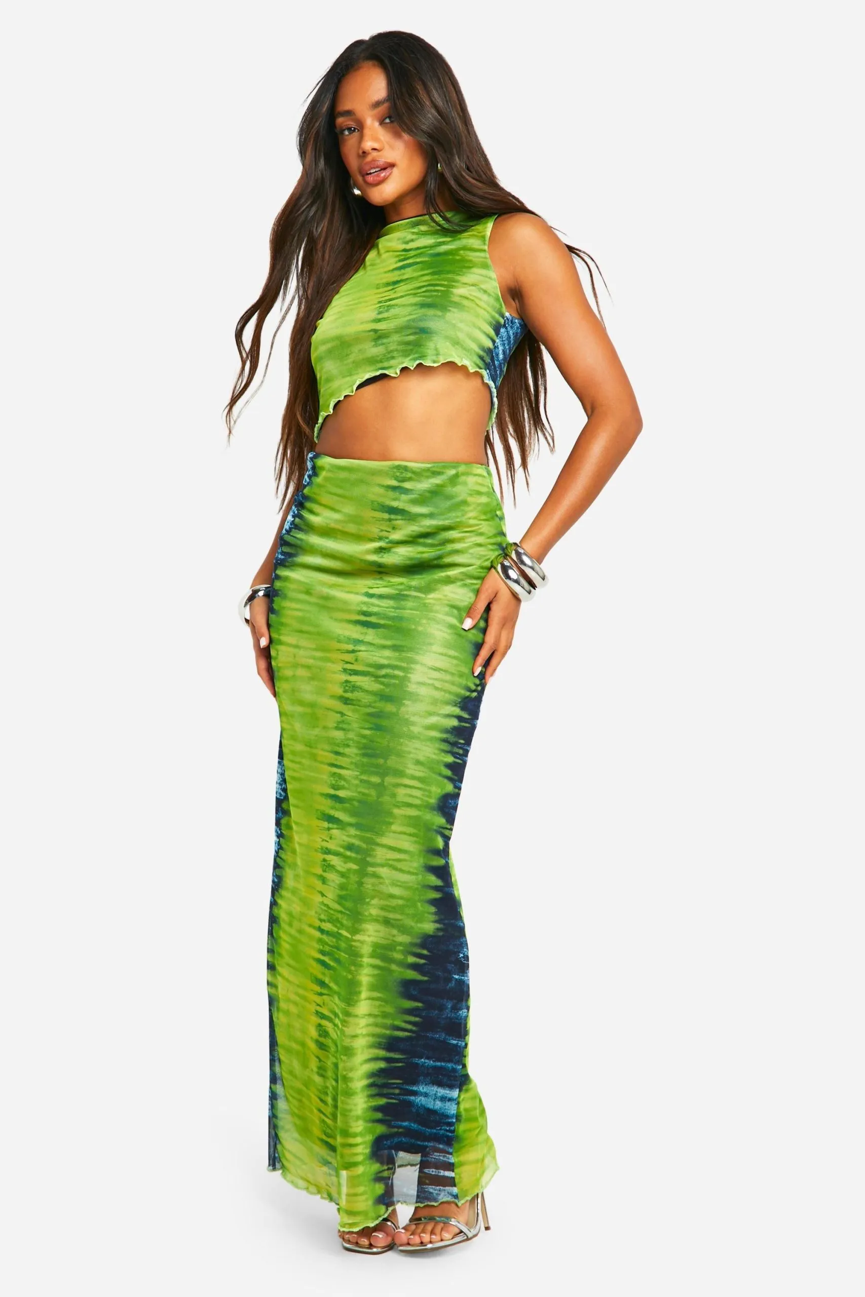 Asymmetric Printed Mesh Maxi Skirt