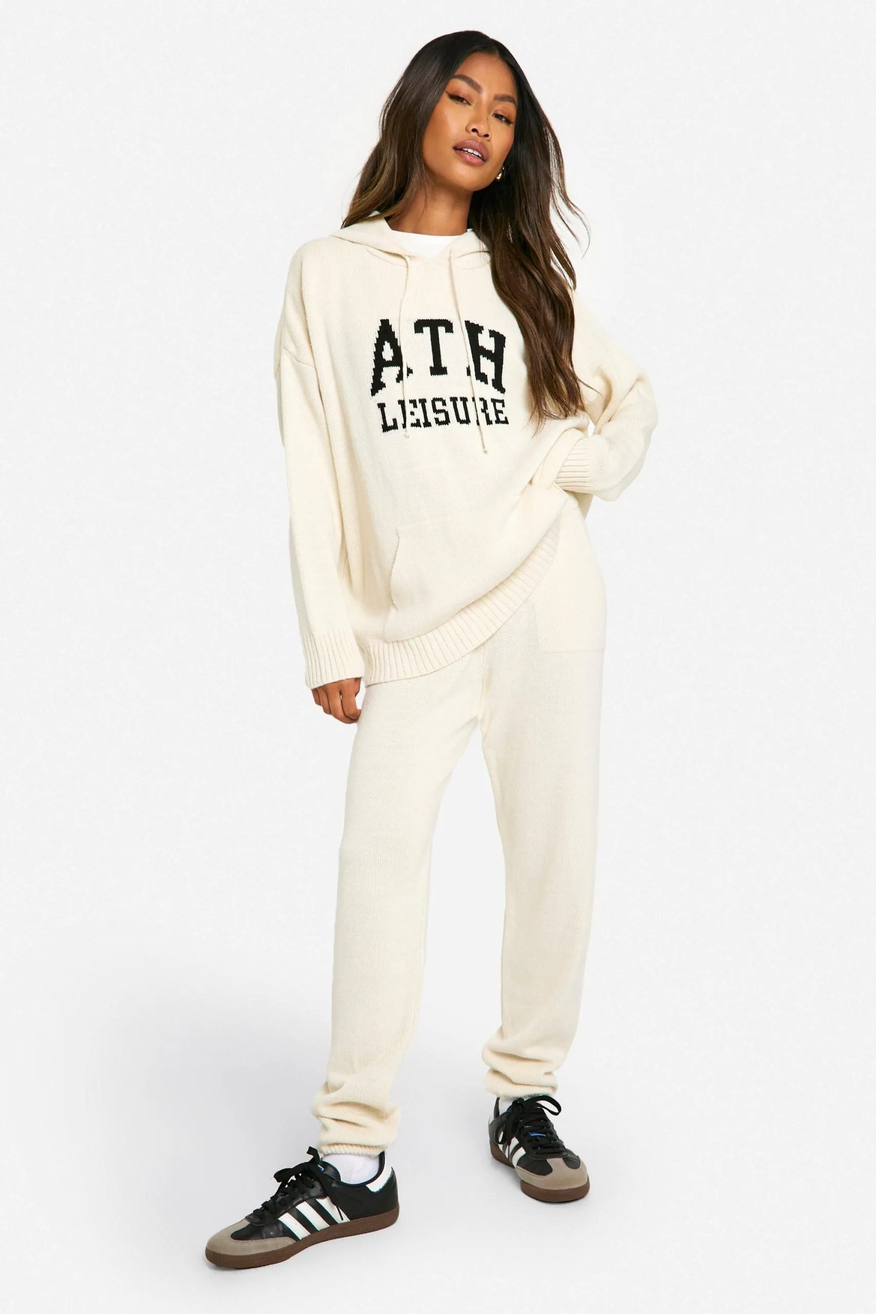 Ath Leisure Embroidered Knitted Oversized Hoody And Cuffed Jogger Set