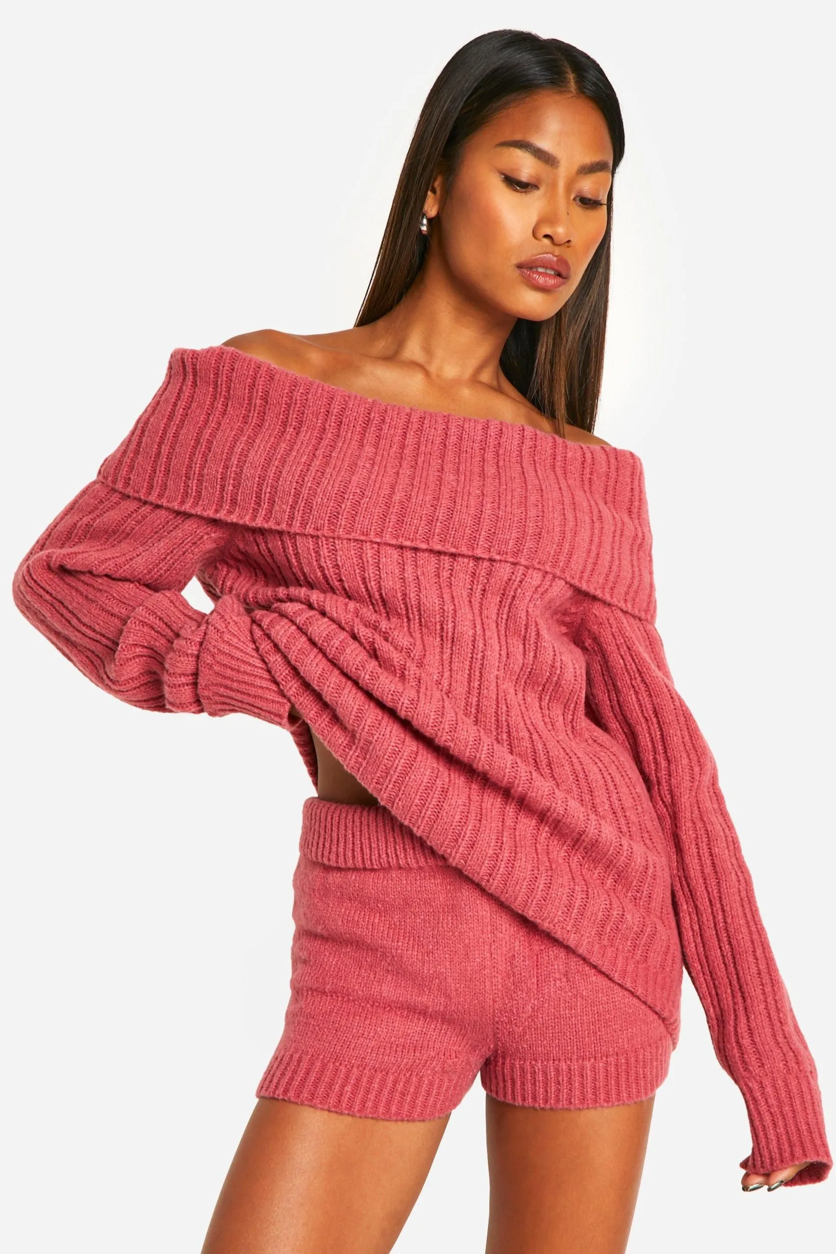 Chunky Knitted Bardot Jumper & Short Co-ord