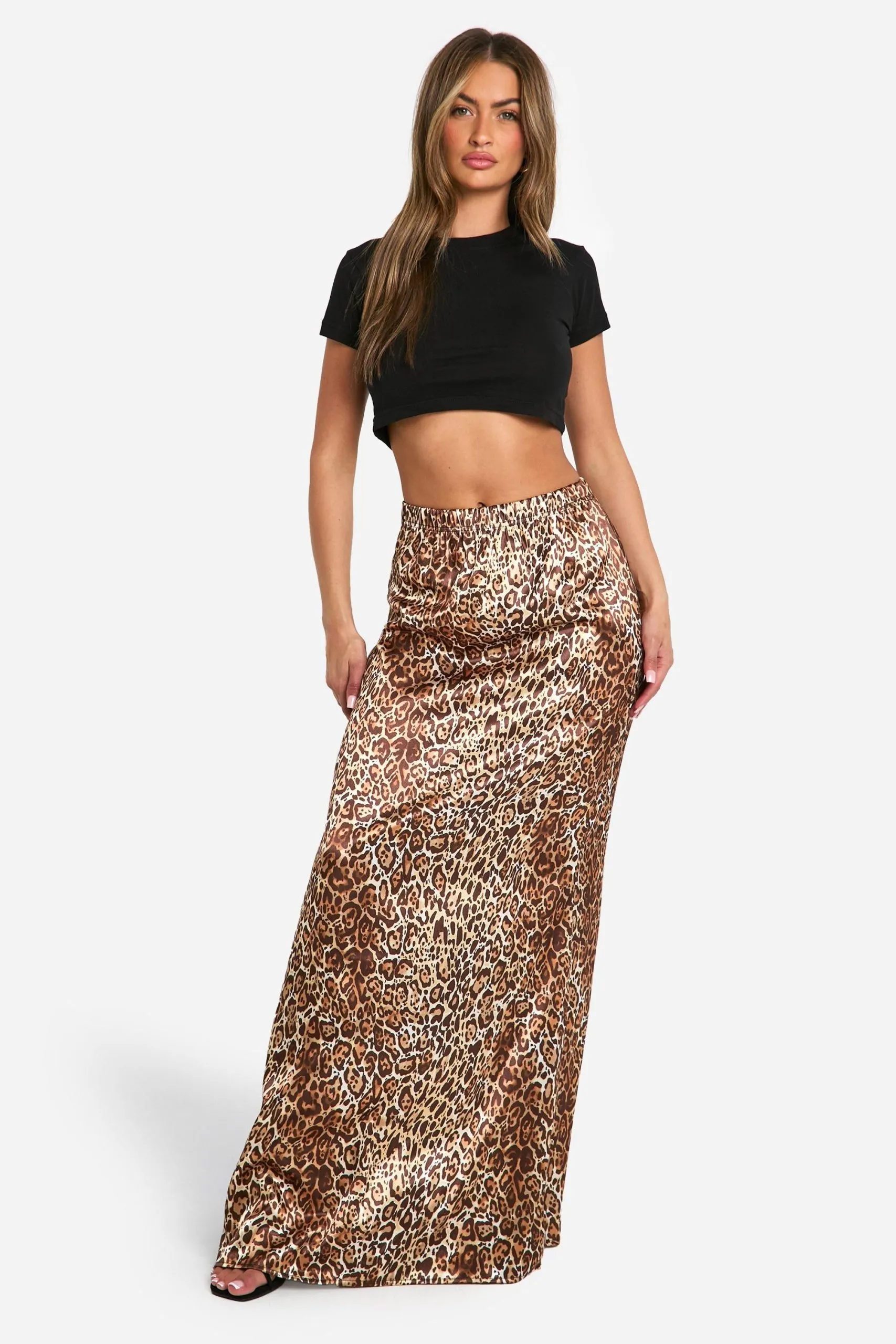Washed Leopard Print Satin Maxi Skirt