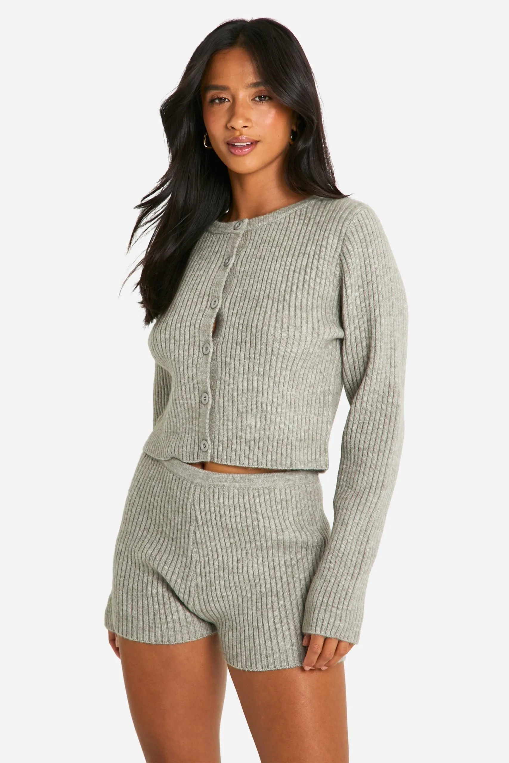 Petite Ribbed Cropped Cardigan And Micro Short Co Ord