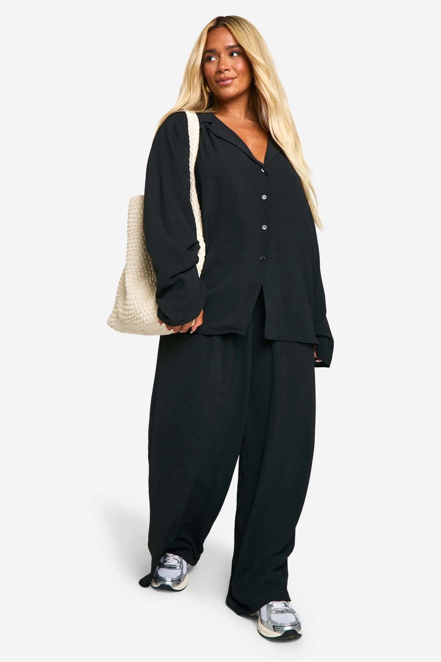 Plus Woven Oversized Shirt & Drawstring Trouser Co Ord