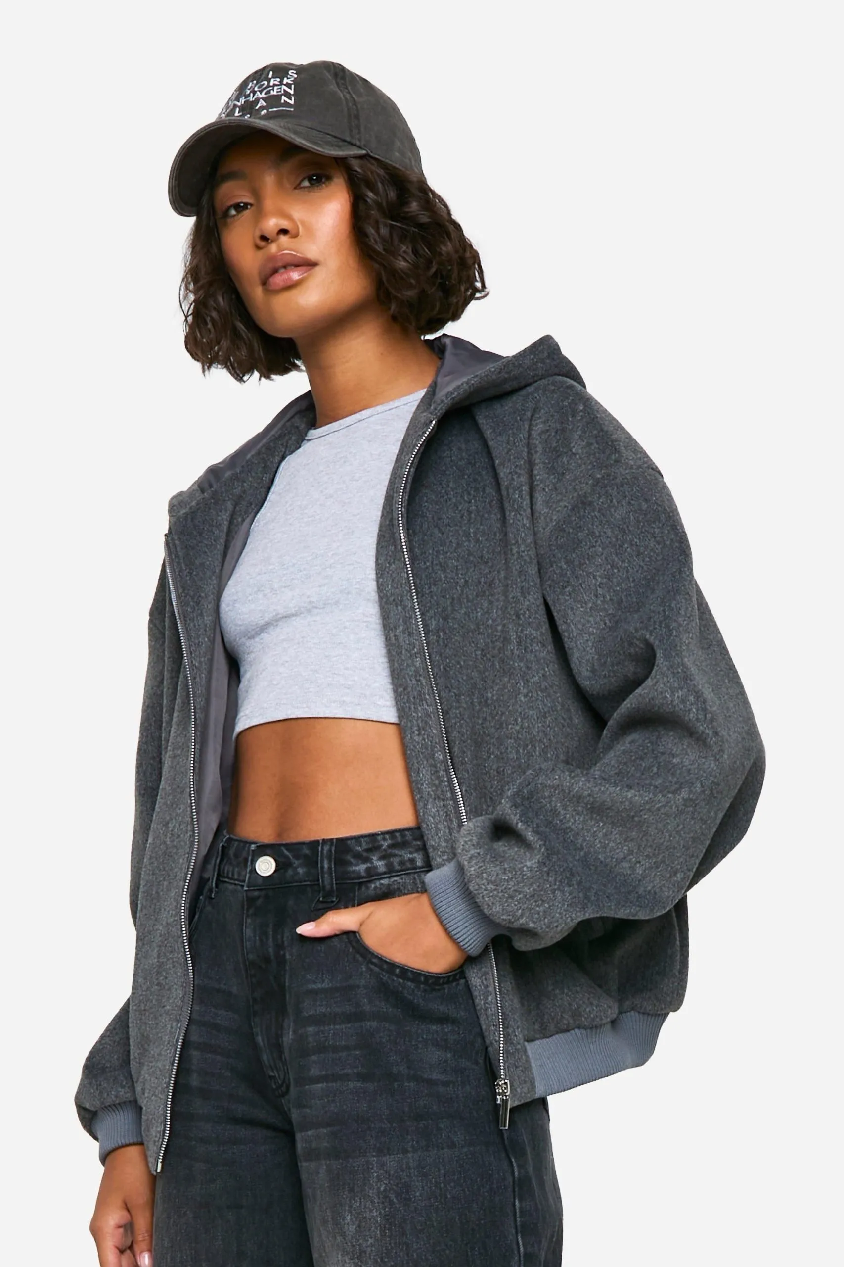 Tall Wool Look Hooded Bomber Jacket