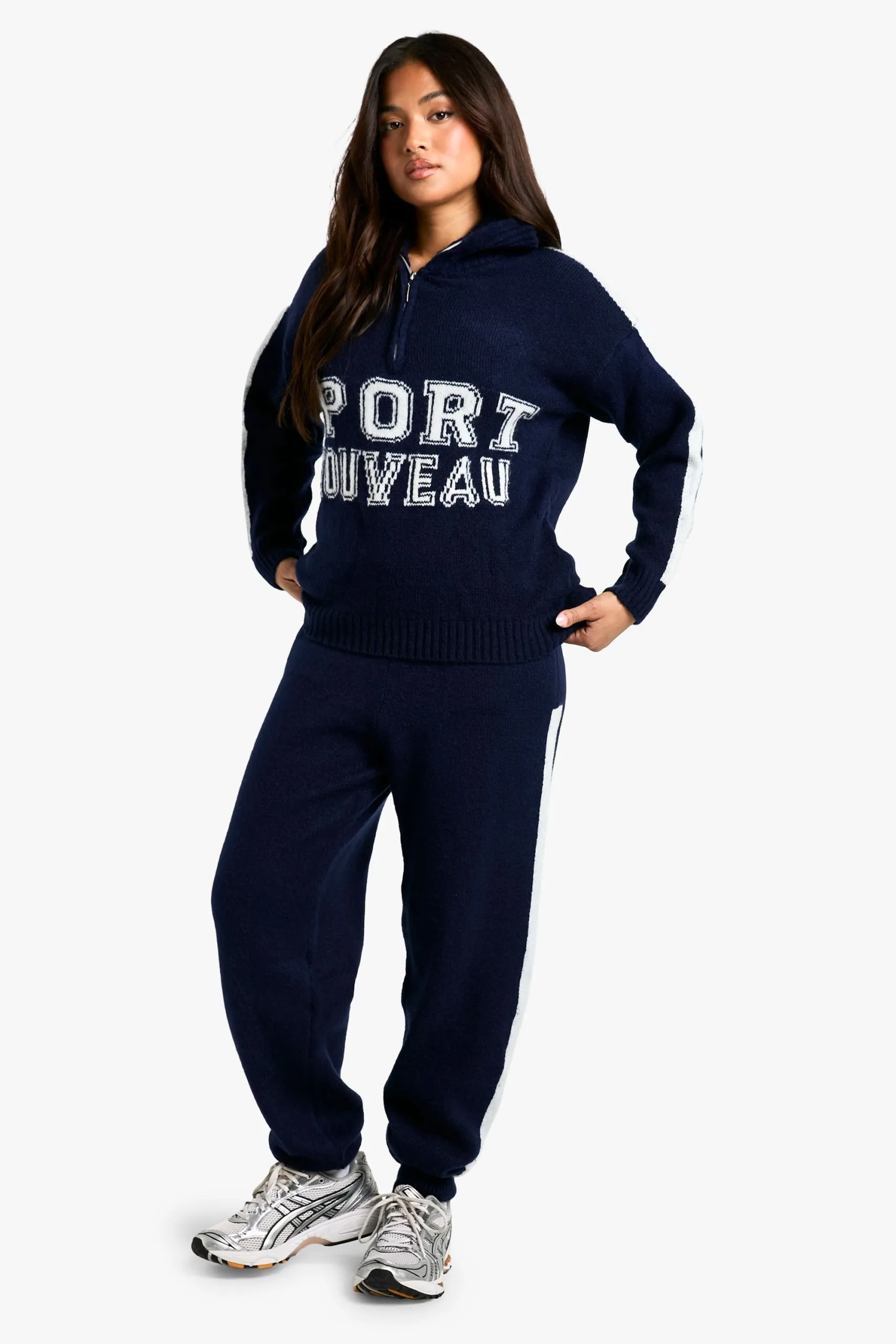 Petite Sport Nouveau Knitted Zip Neck Oversized Jumper And Cuffed Jogger Set