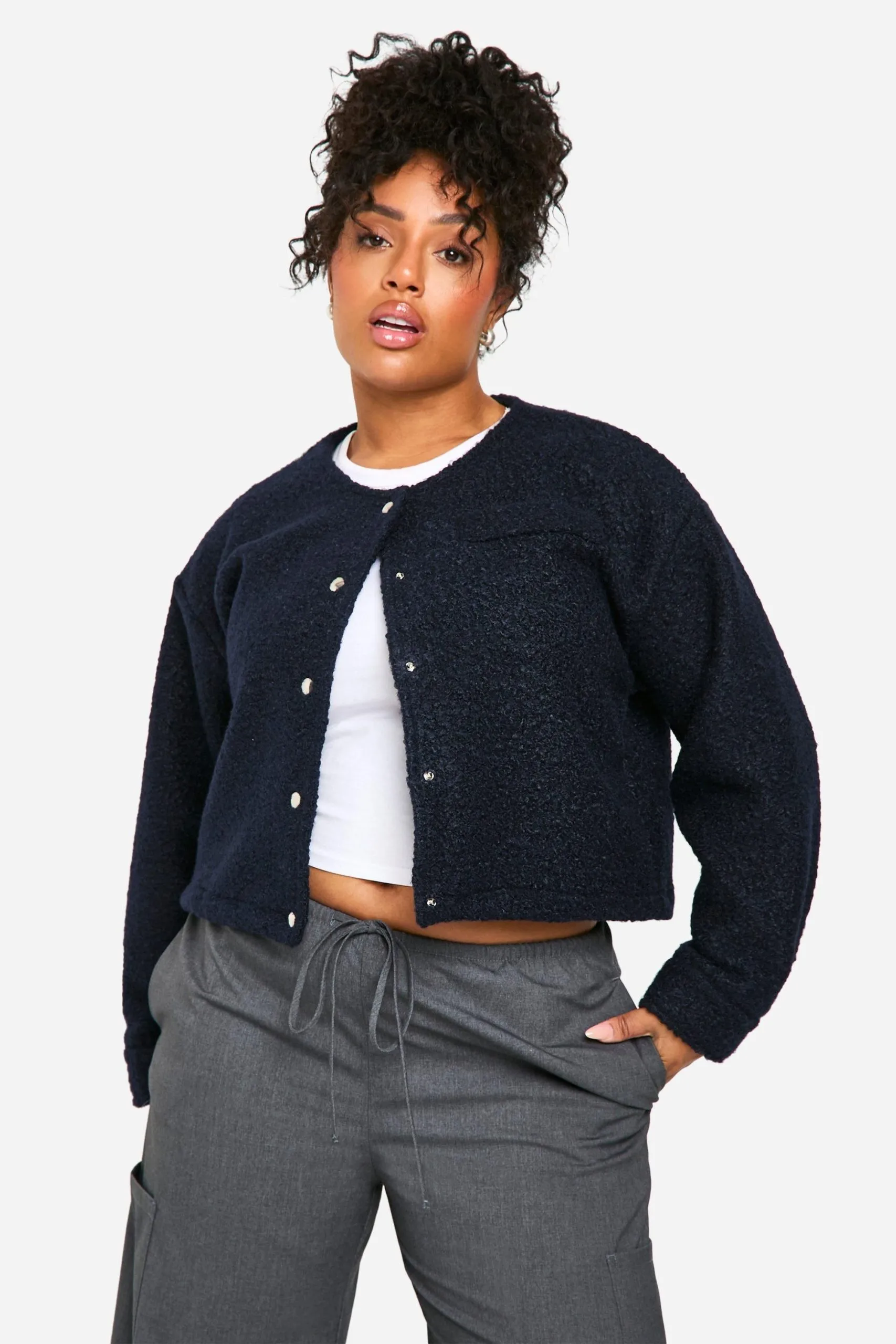 Plus Collarless Wool Bomber Jacket