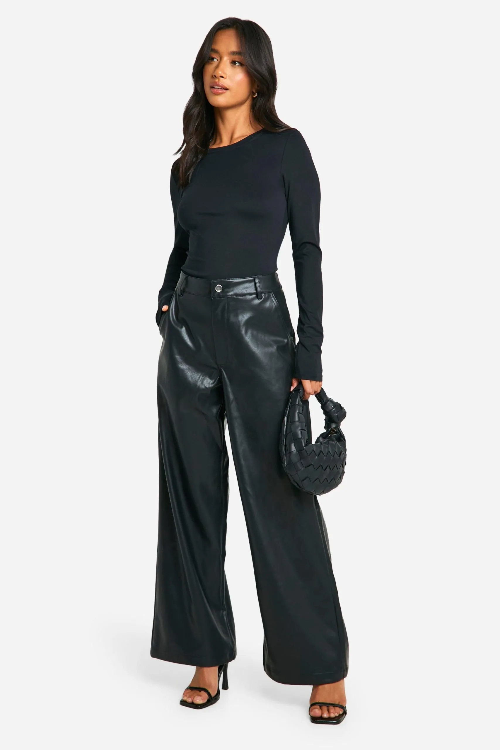 Petite Wide Leg Faux Leather Trouser