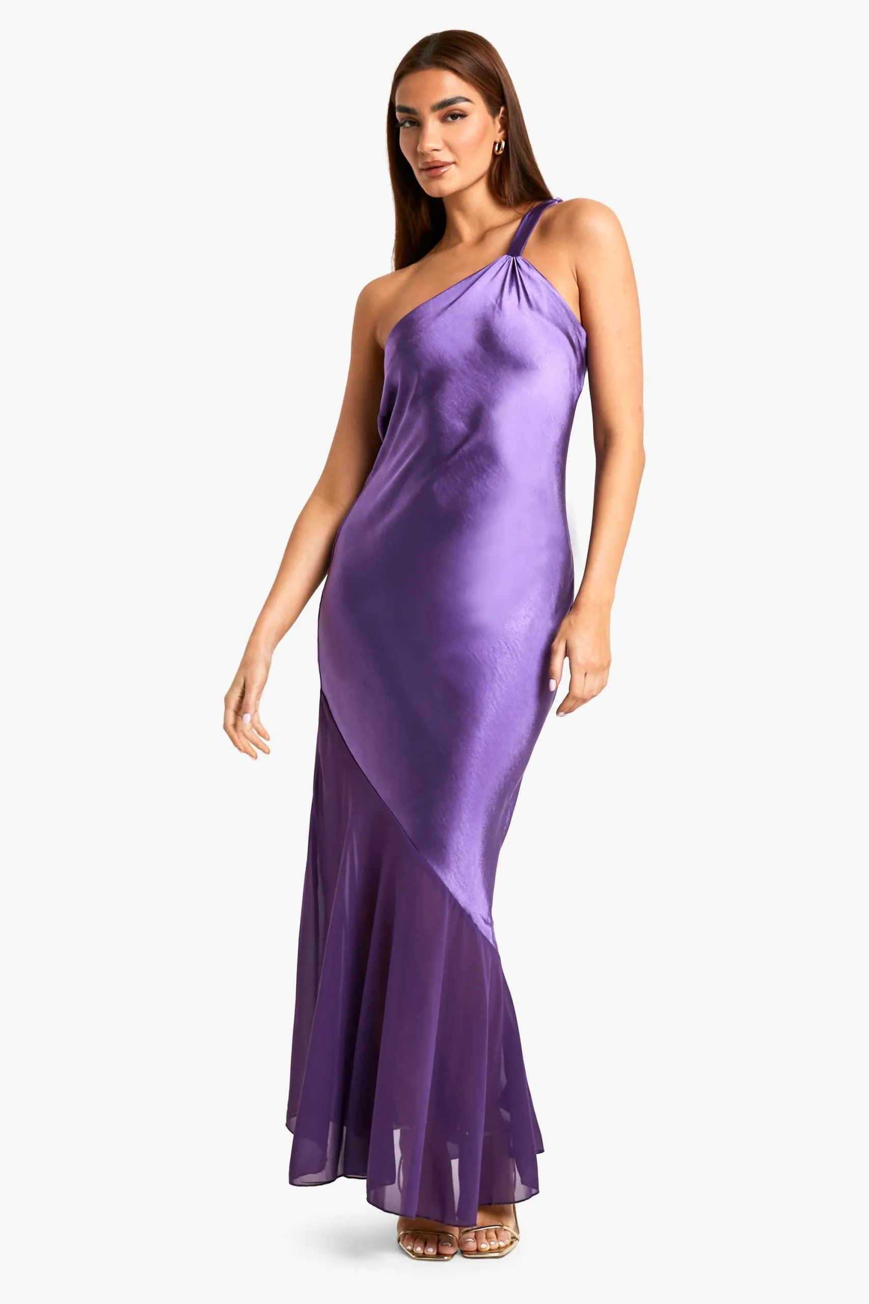 Asymmetric Satin and Chiffon Mix Maxi Dress