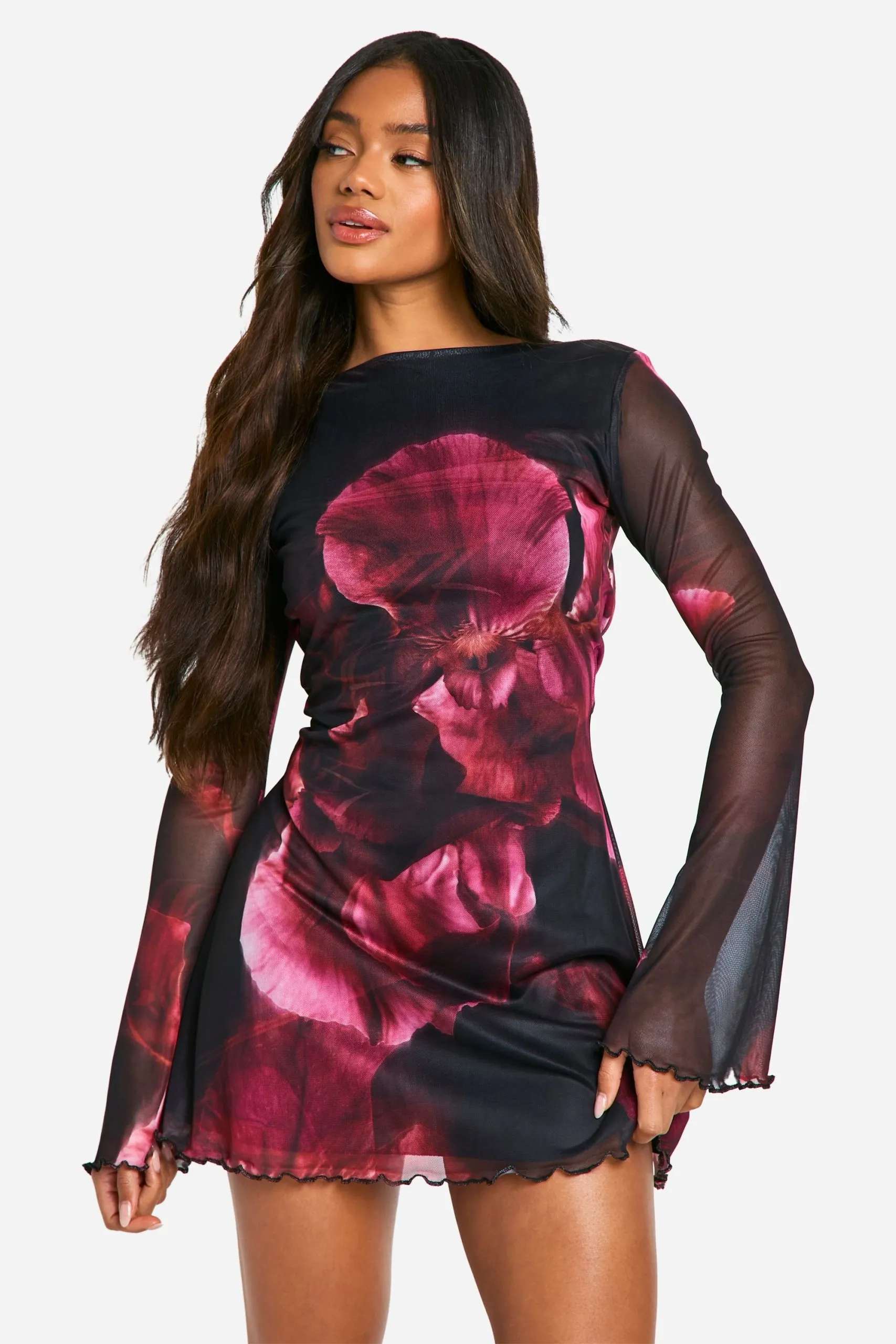 Blur Floral Mesh Flare Sleeve Mini Dress