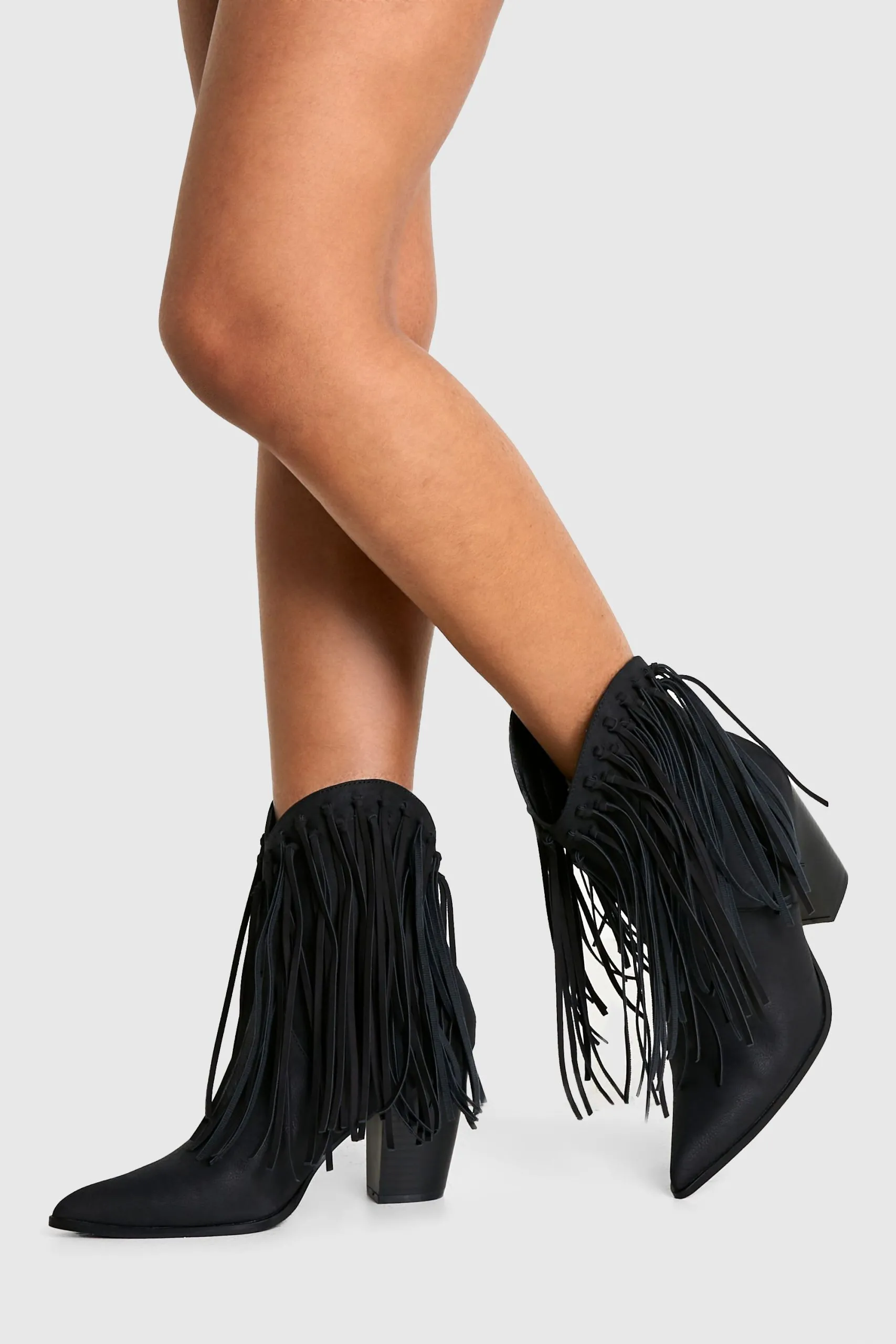 Nubuck Tassel Detail Heeled Western Ankle Boot