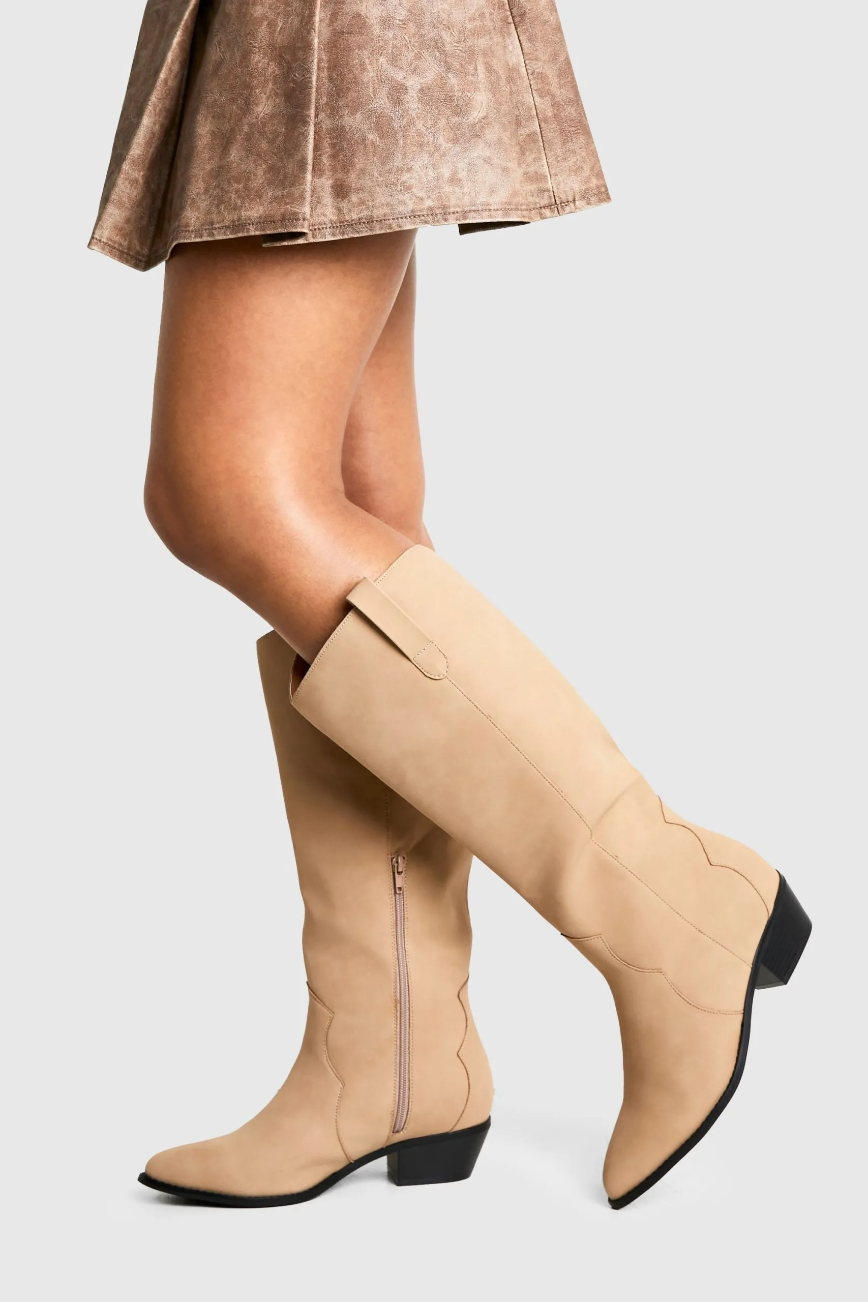 Wide Fit Nubuck Western Style Knee High Boots