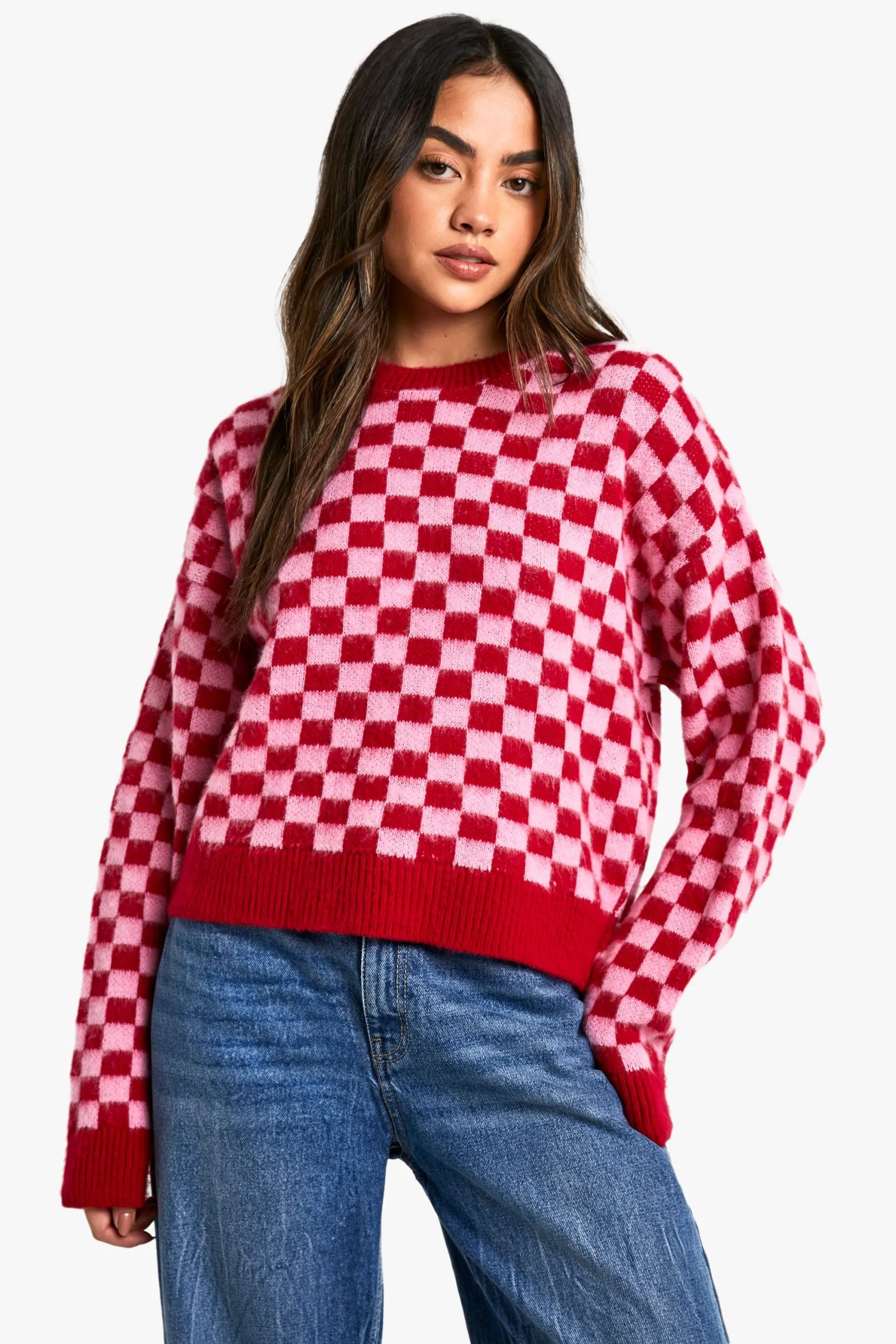 Brushed Knit Checked Crop Jumper