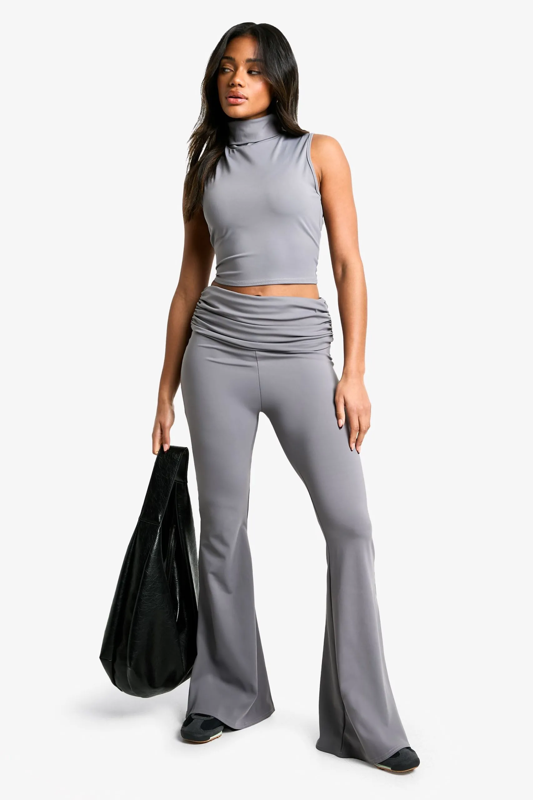 Sculpting Matte Slinky Fold Over Waist Flare Trouser
