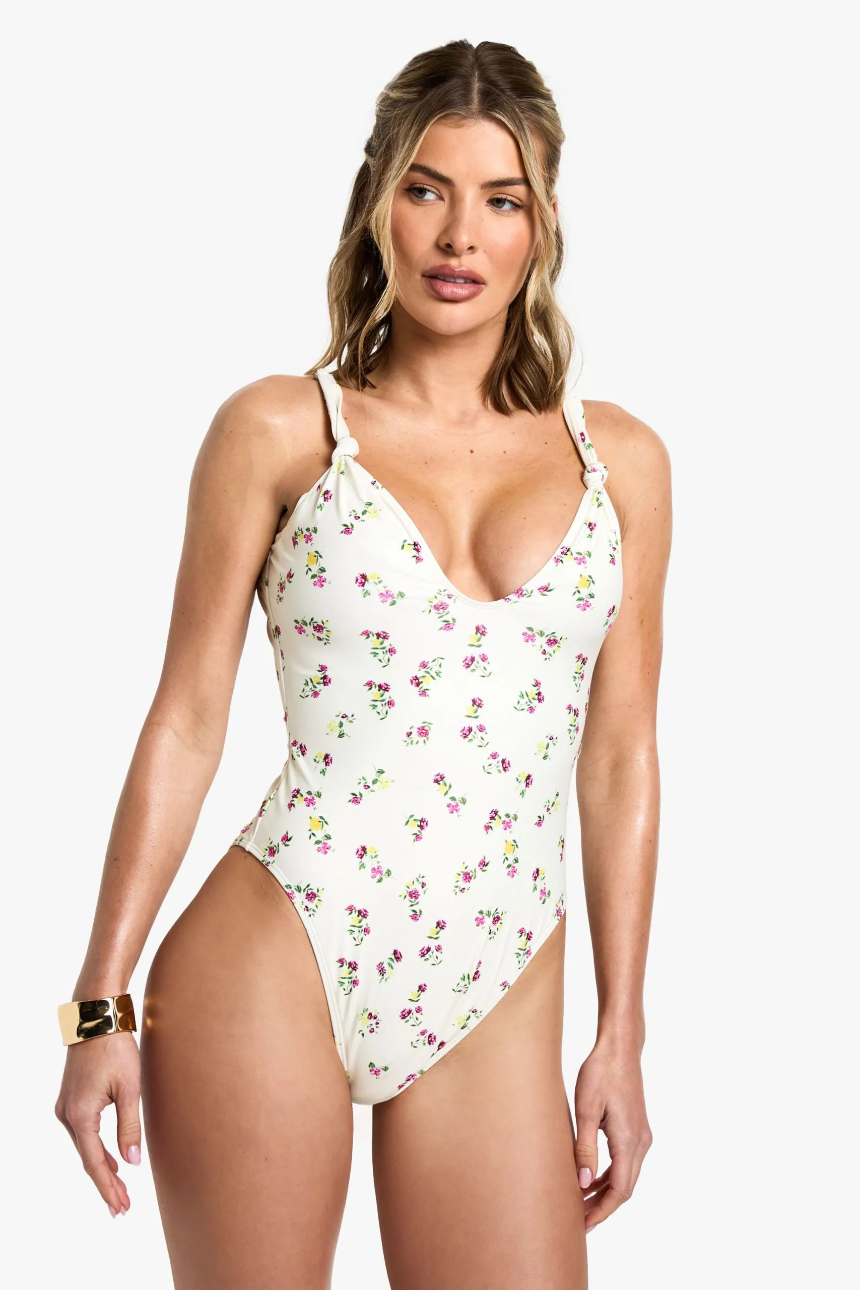 Ditsy Floral Print Knot Detail Plunge Swimsuit