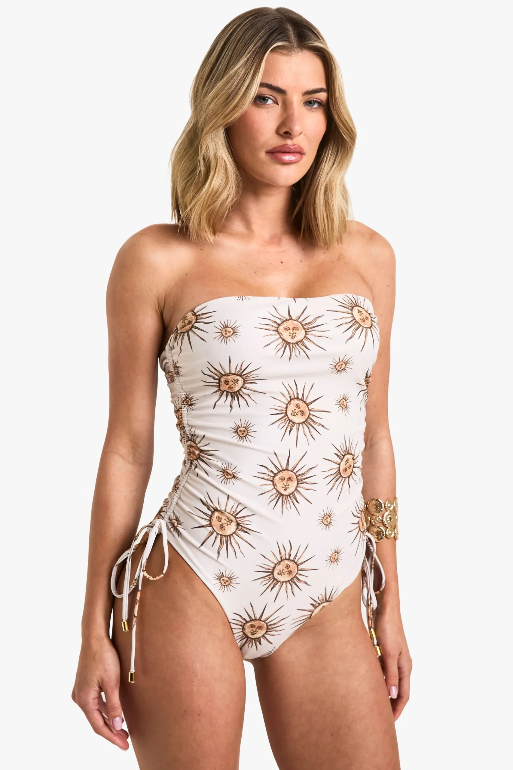 Celestial Print Ruched Bandeau Swimsuit