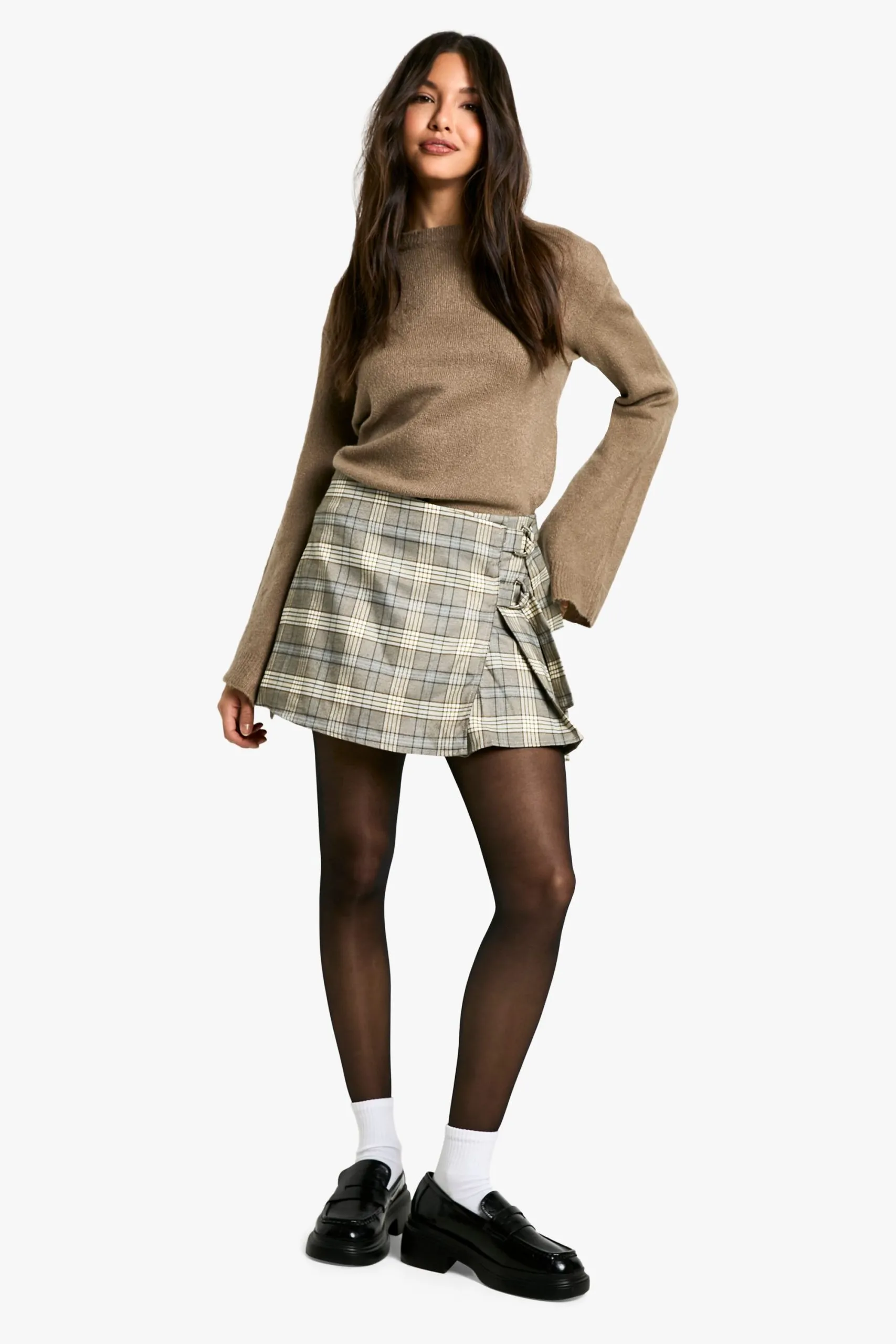 Check Pleated Mini Skirt with Buckle Fastening