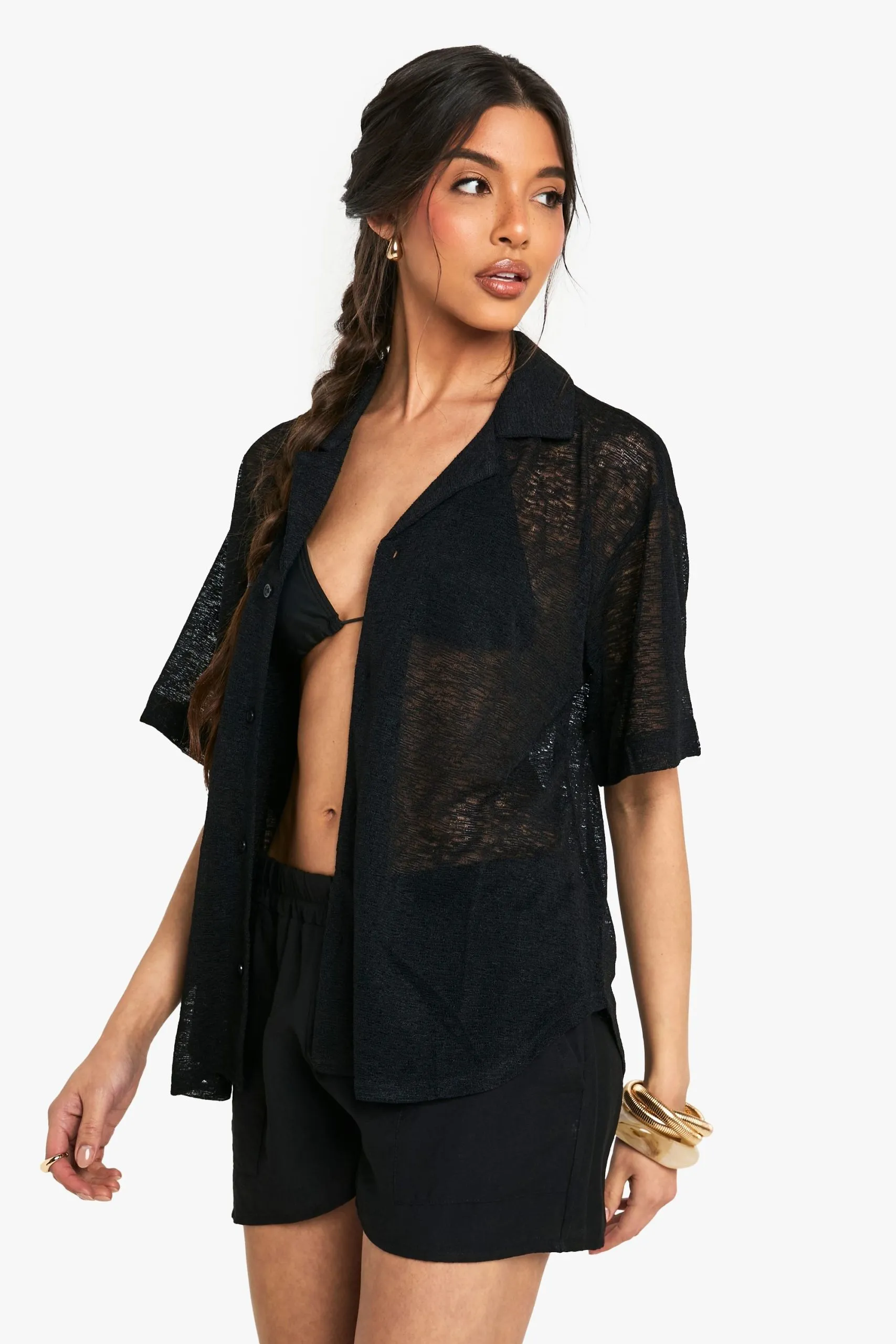 Textured Crochet Sheer Knitted Shirt
