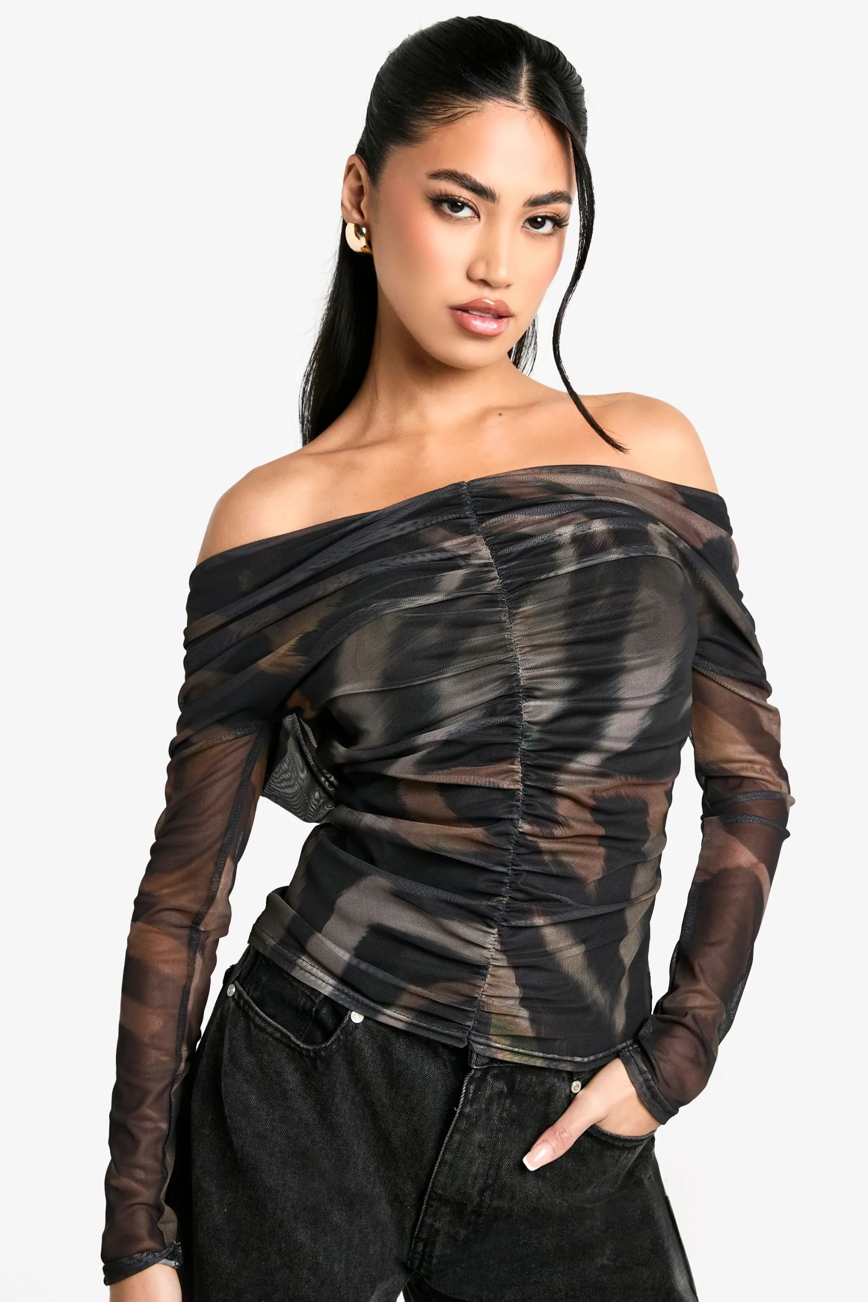 Animal Ruched Front Bardot Long Sleeve Top