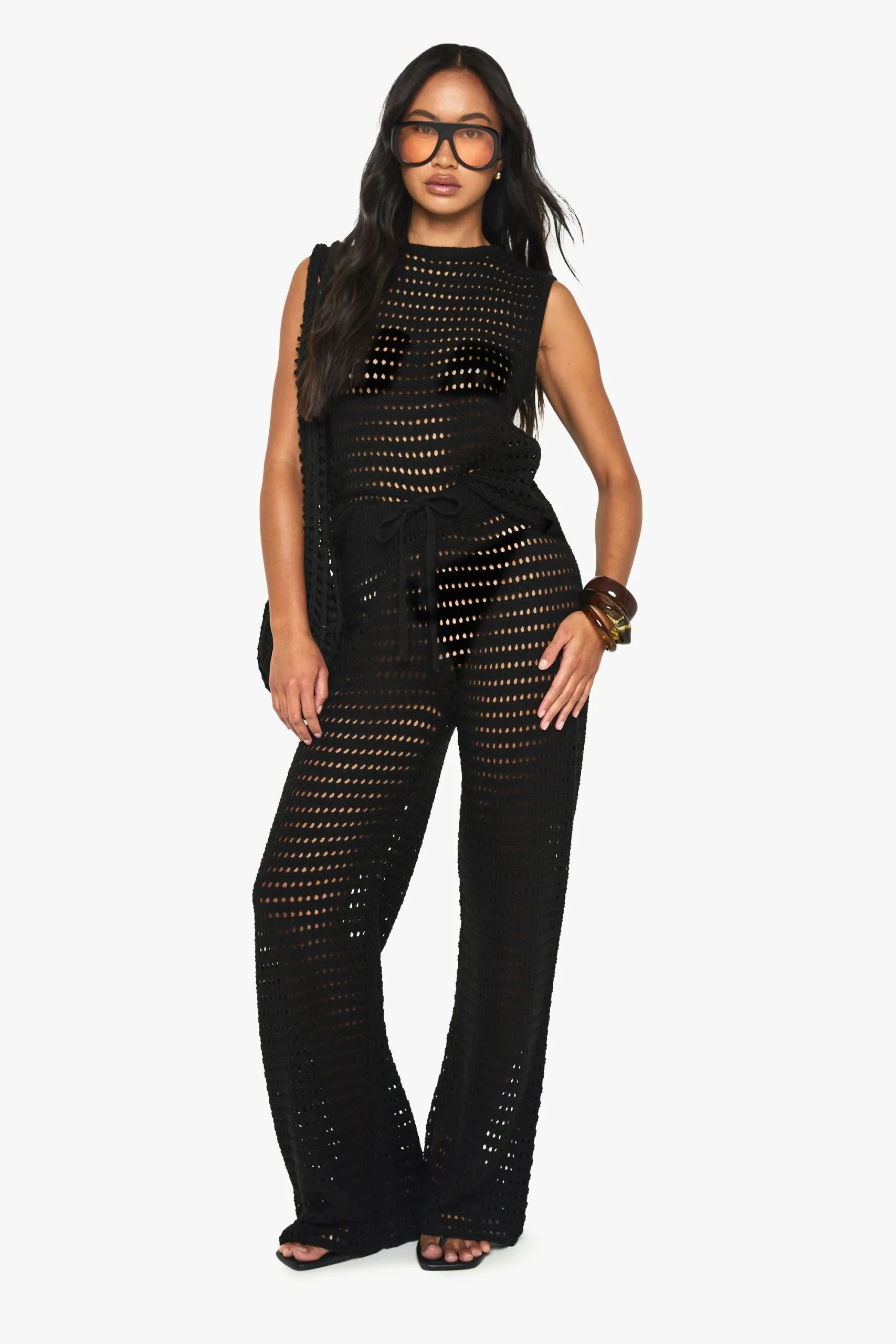 Crochet Knitted High Neck Top and Wide Leg Trouser
