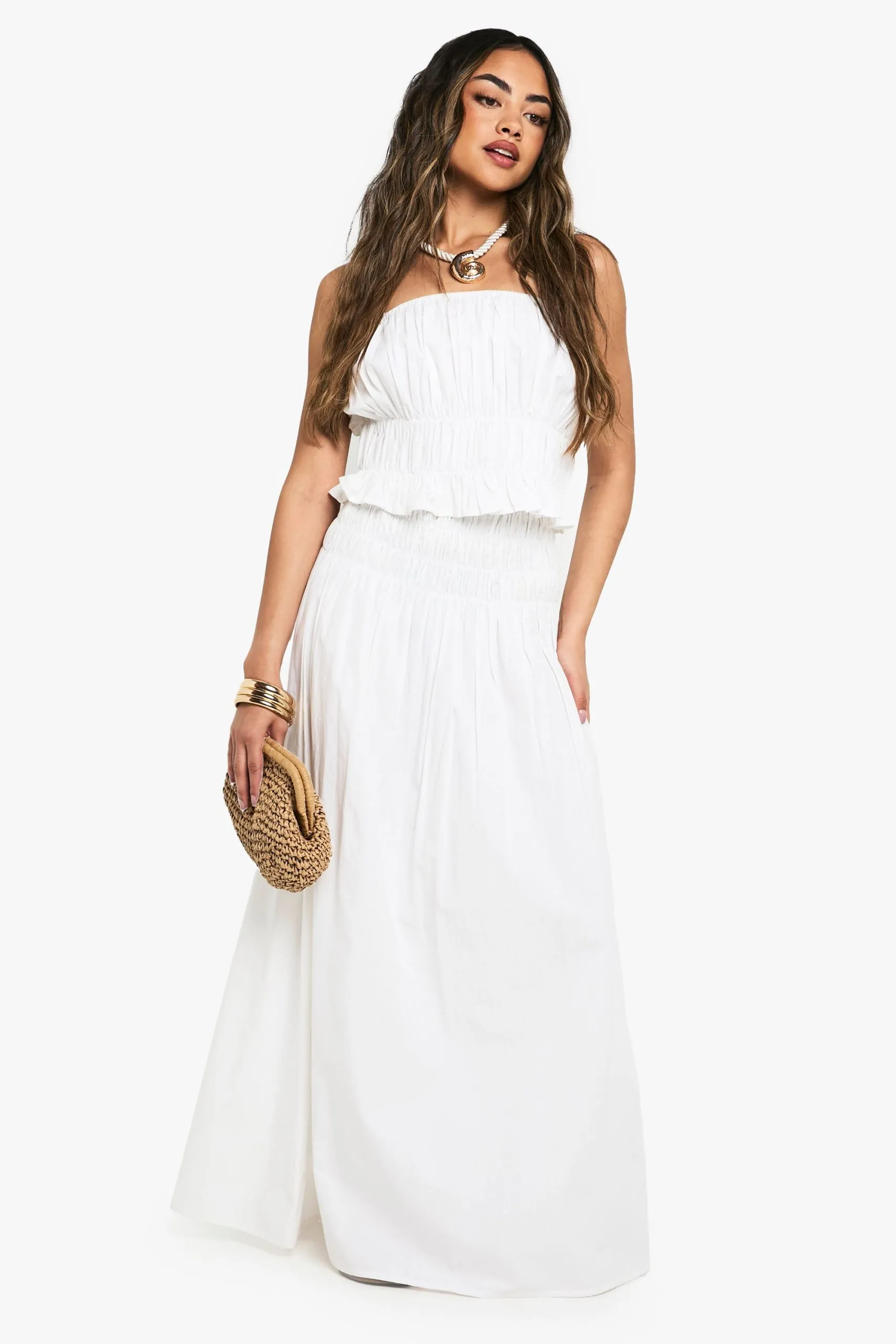 Shirred Waist Cotton Poplin Maxi Skirt