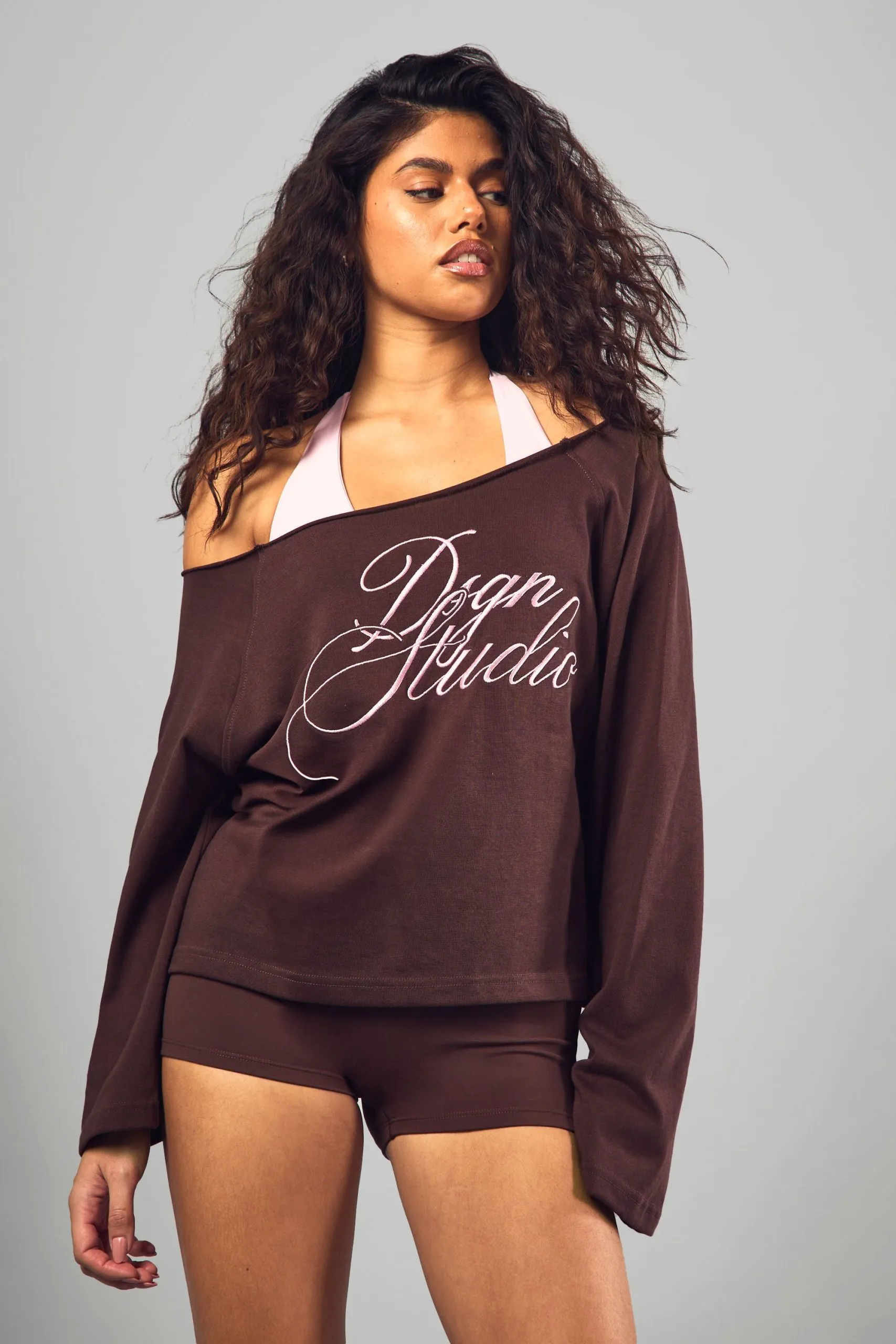 DSGN Studio Contrast Script Off The Shoulder Sweatshirt