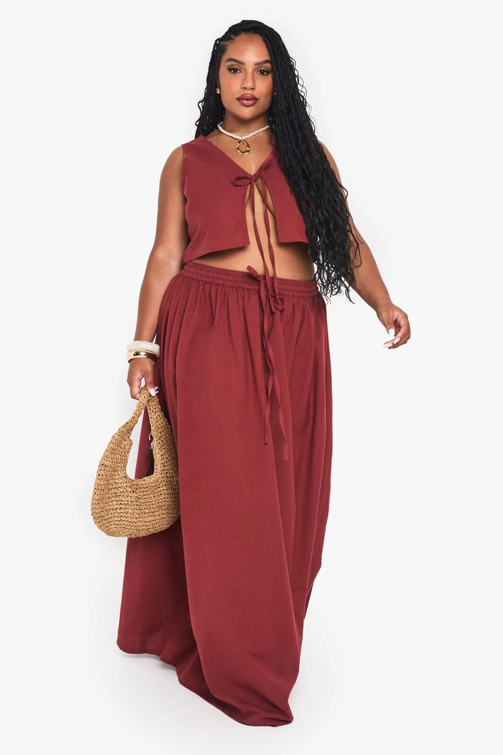 Plus Linen Look Tie Front Sleeveless Top And Maxi Skirt Co-Ord