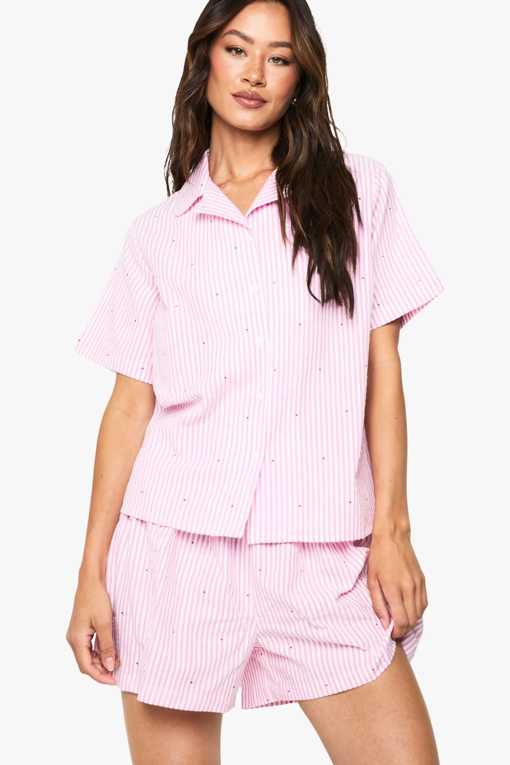 Tall Cotton Poplin Pinstripe Heart Print Shirt And Short Pyjama Set