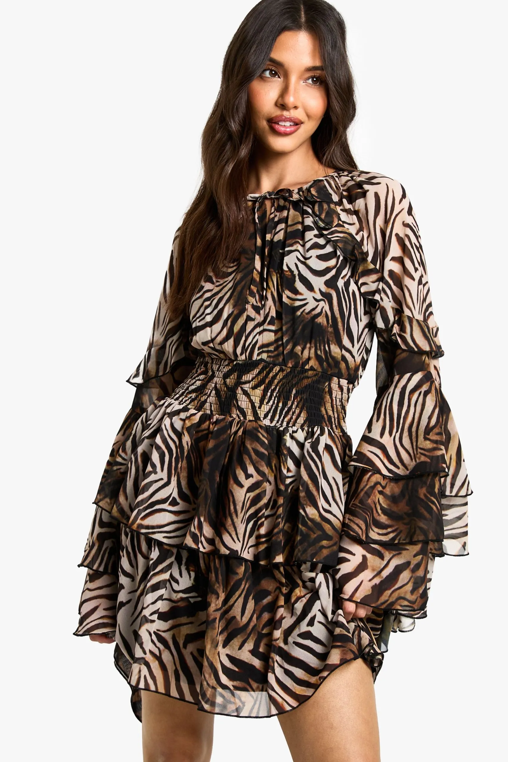 Zebra Printed Chiffon Long Sleeve Ruffle Mini Dress