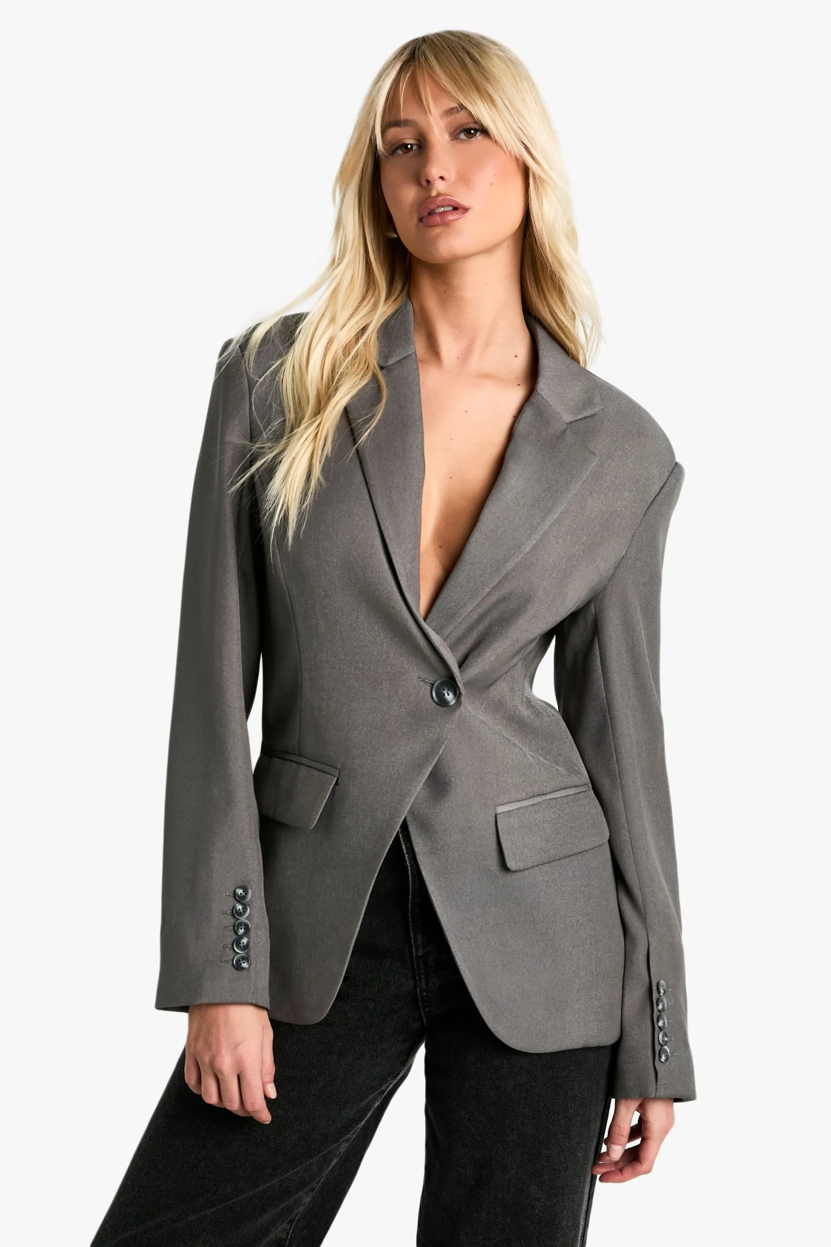 Asymmetric Wrap Cinched Waist Blazer